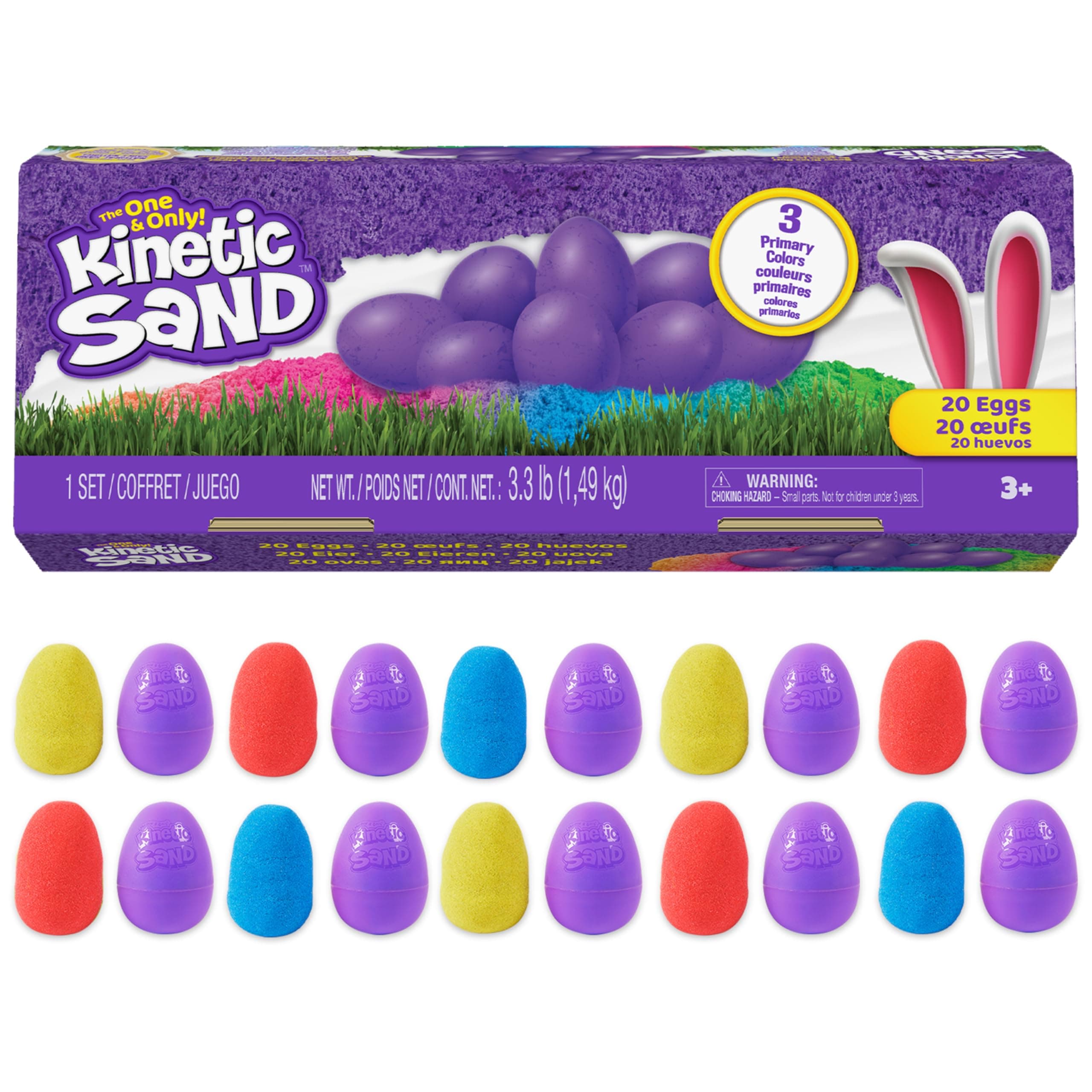 Kinetic Sand, 20-Pack Eggs, Easter Basket Stuffers, Includes 3.3lbs (3 Colors) Moldable Play Sand for Egg Hunts, Sensory Toys, Party Favors & Goodie Bags