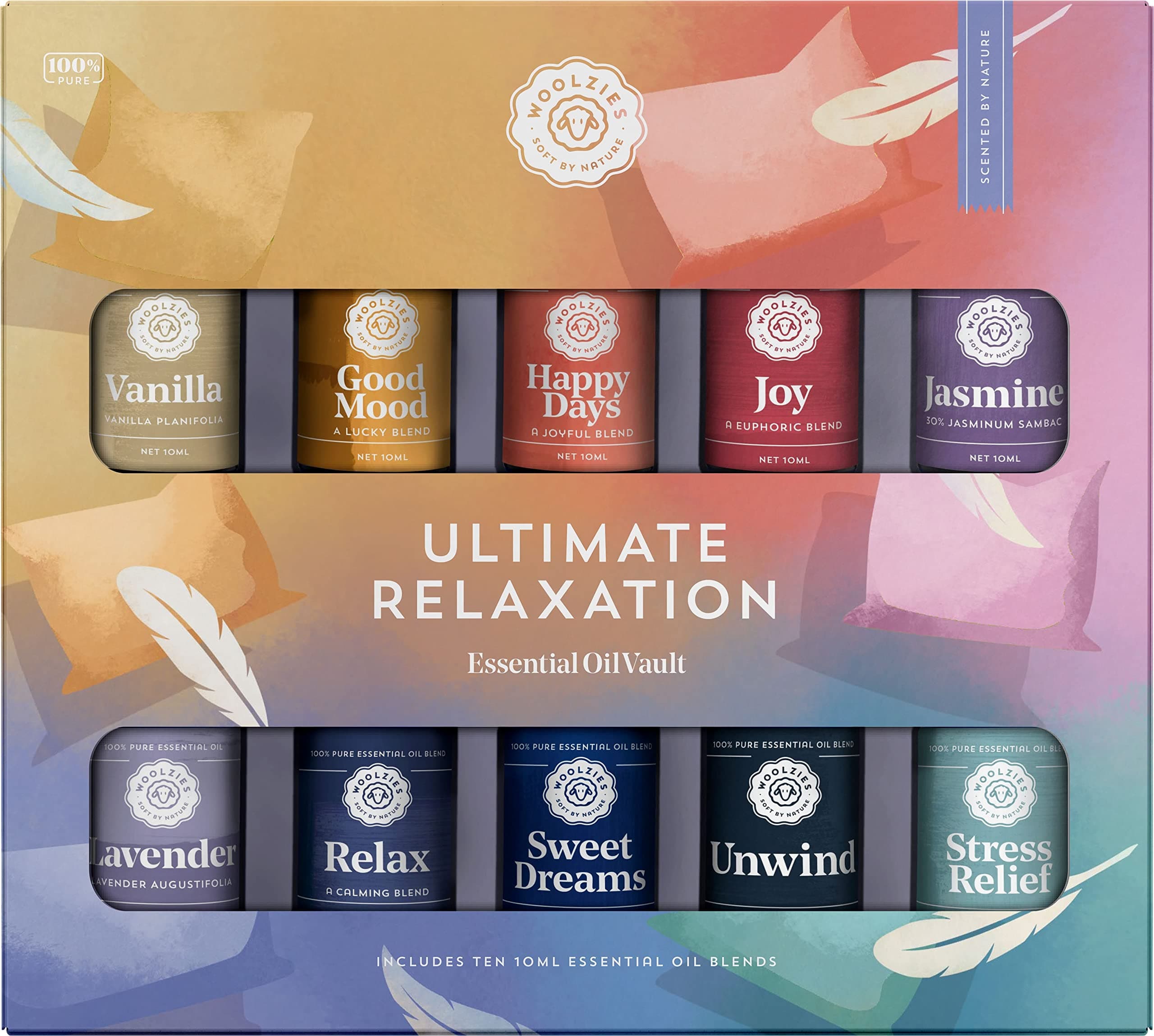 Woolzies Ultimate Relaxation Essential Oil Vault of 10 | Includes Vanilla, Good Mood, Happy Days, Joy, Jasmine, Lavender, Relax, Sweet Dreams, Unwind & Stress Relief | 10 ML