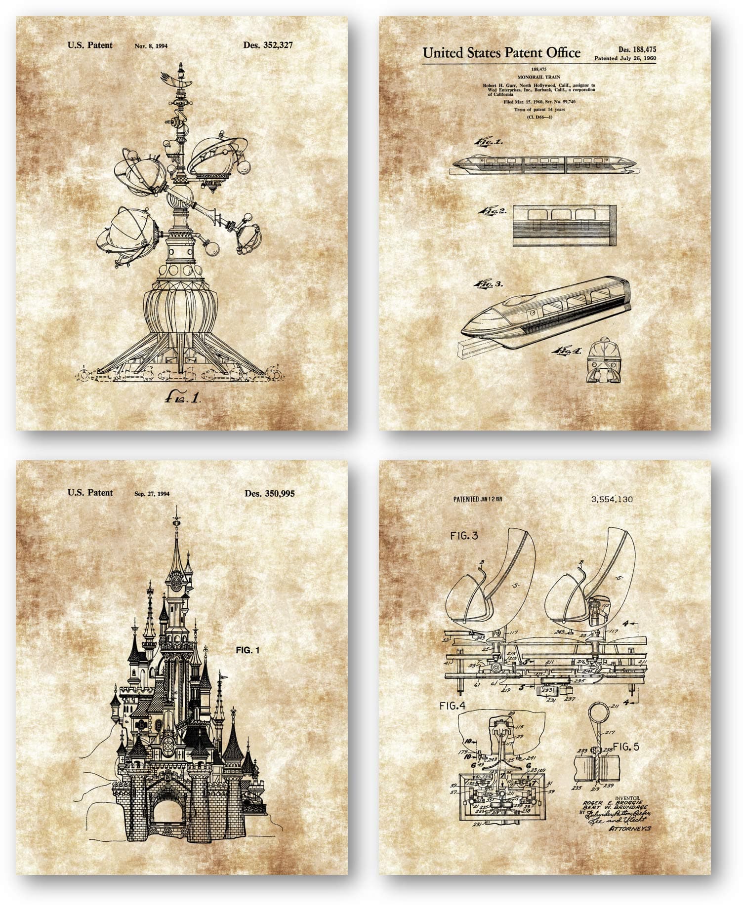 Original Disney Rides Patent Art Prints Drawings - Set of 4 8 x 10 Unframed Prints - Great Gift for Disney Fans and Collectors - Home Office Artwork