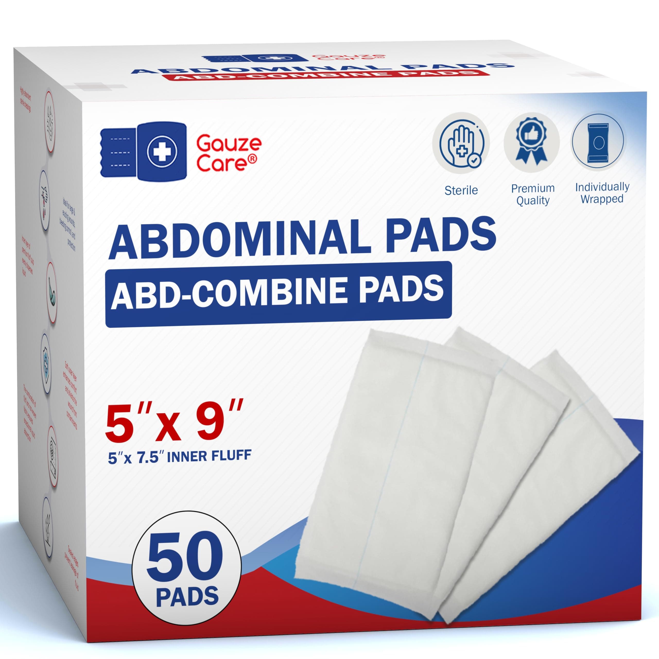 GauzeCare Sterile Abdominal Pads ABD Combination Pads 50 Pack 5" x 9" Extra Absorbent and Thick Individually Wrapped Wound Dressing, First Aid Pads, Surgical Grade