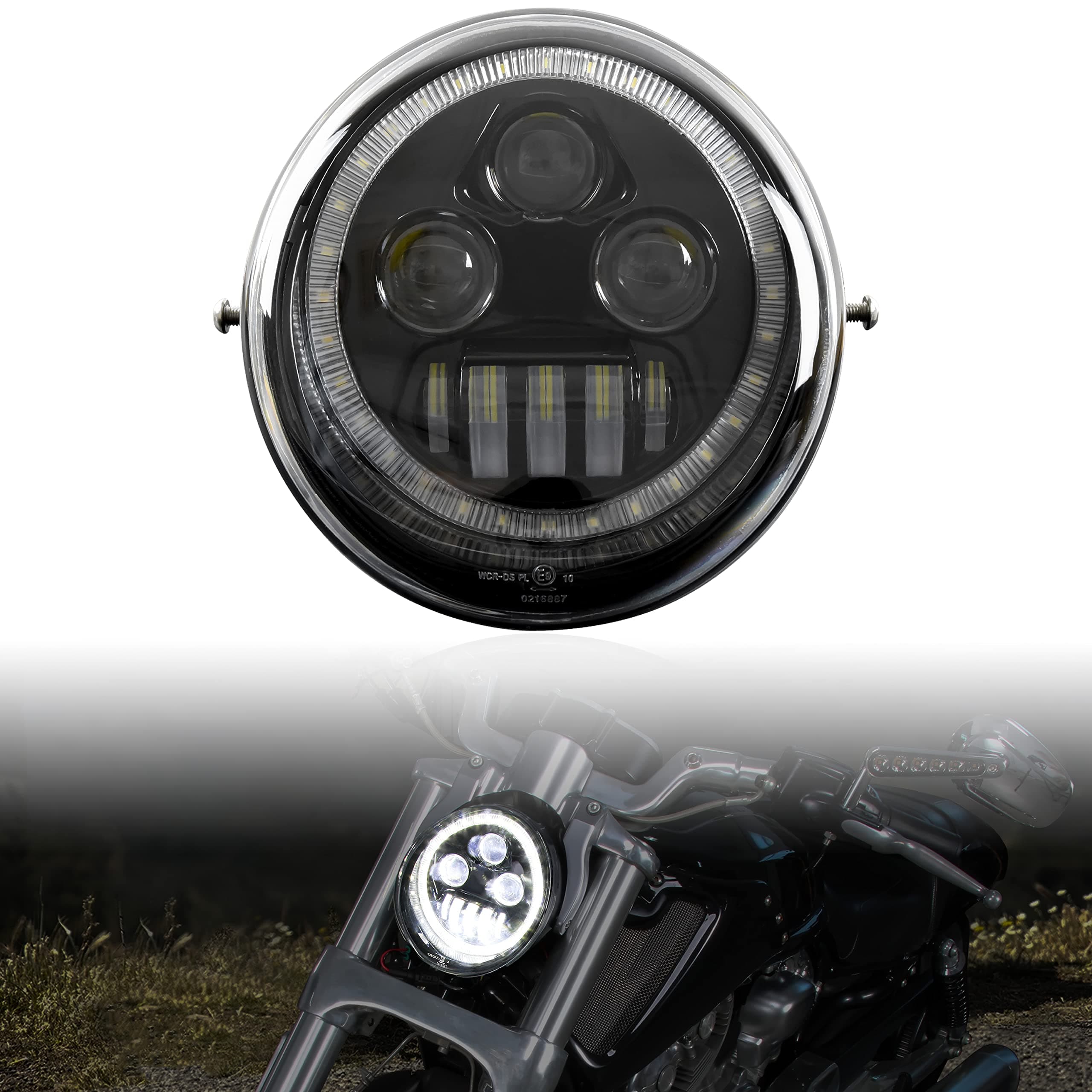 V-Rod LED Headlight with Halo Ring for Harley Davidson Motorcycle 2002-2016 V-Rod models (Black with Halo Ring)