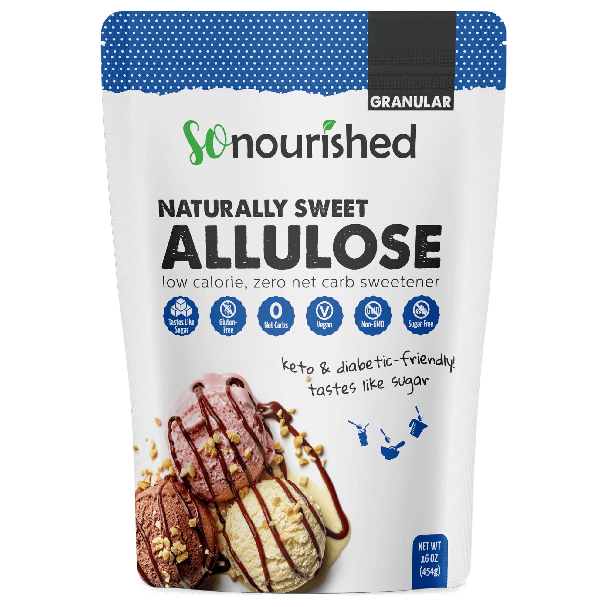 So Nourished Allulose Sweetener Granular - Keto Sugar Substitute - 0 Calorie, 0 Net Carb, Non-GMO (1 lb / 16 oz)