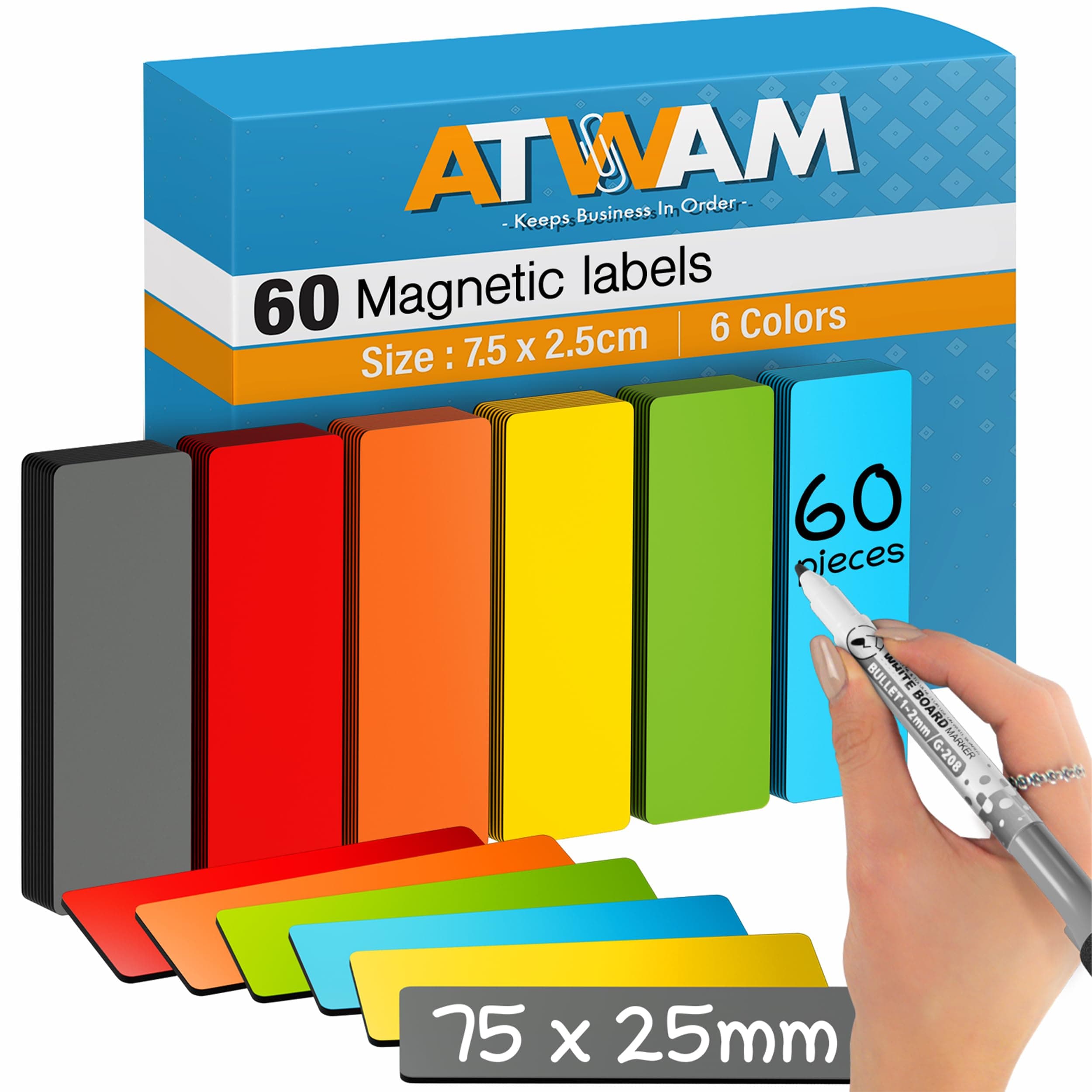ATWAM 60 Magnetic Strips writable - Magnetic Labels 75x 25mm - 6 Colors - Scr...