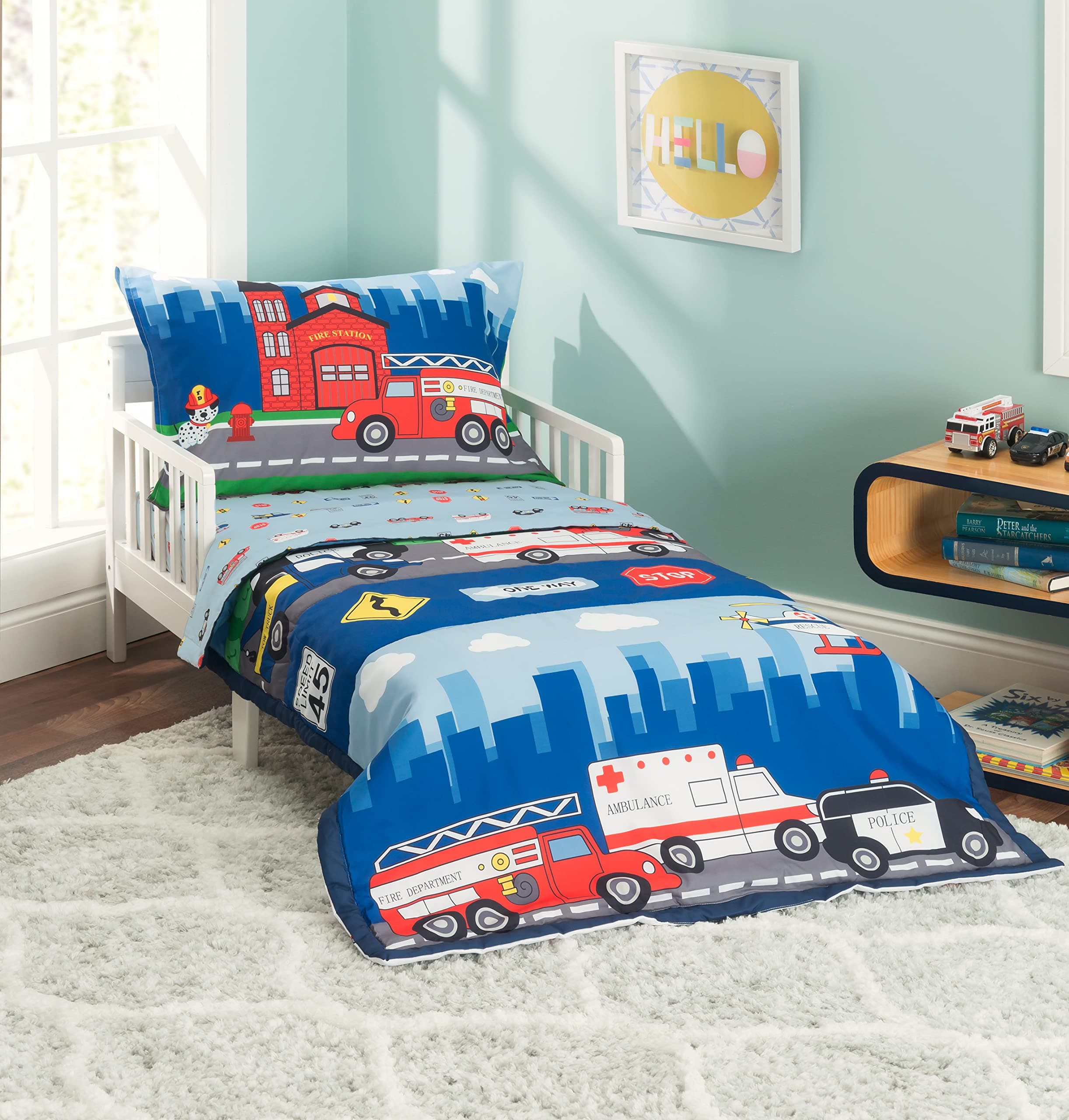 Everyday Kids 4 Piece Toddler Bedding Set -Fire and Police Rescue- Includes Comforter, Flat Sheet, Fitted Sheet and Reversible Pillowcase