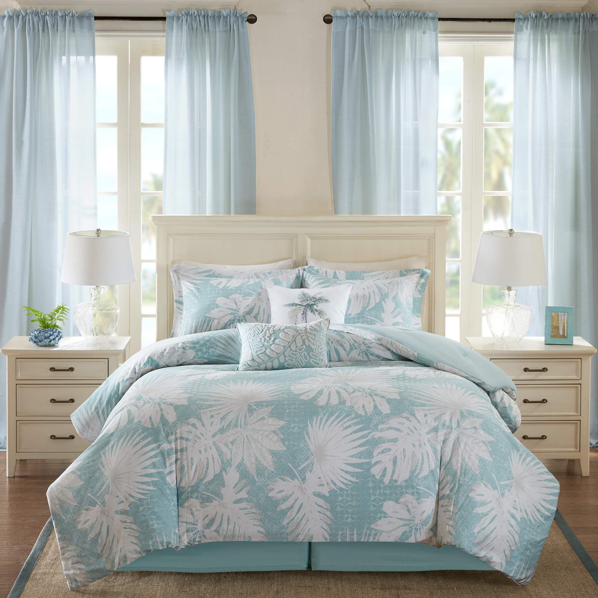 Harbor House Cozy Cotton Comforter Set - Coastal, All Season Down Alternative Casual Bedding with Matching Shams, Decorative Pillows, Grove, Palm Leaf Blue Queen(92"x96") 6 Piece