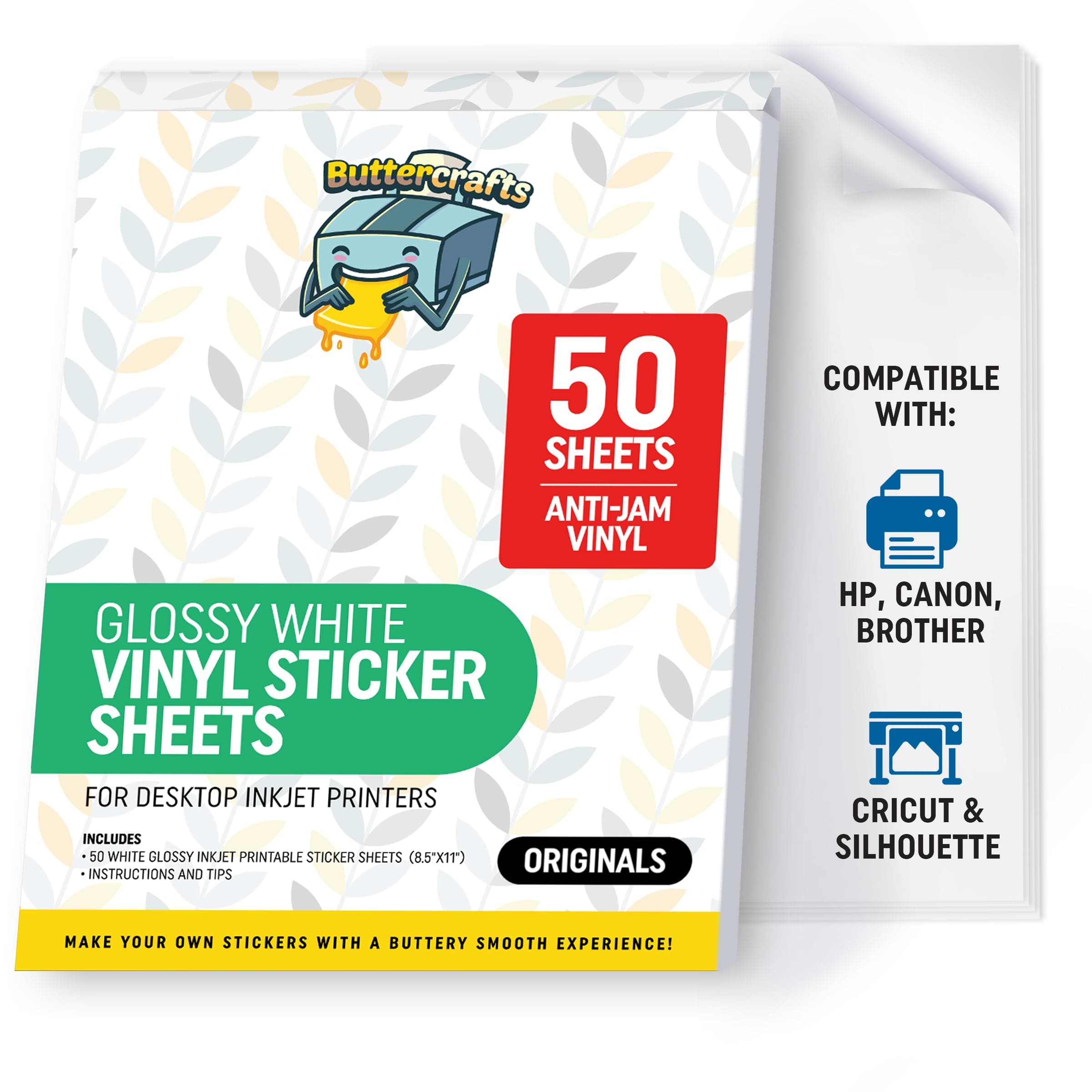 Printable Vinyl - Sticker Paper for Inkjet Printer (50 Sheets, 8.5" x 11", Anti Jam) - Glossy Printable Sticker Paper - Inkjet Printable Waterproof Sticker Paper - Make Labels and Decal