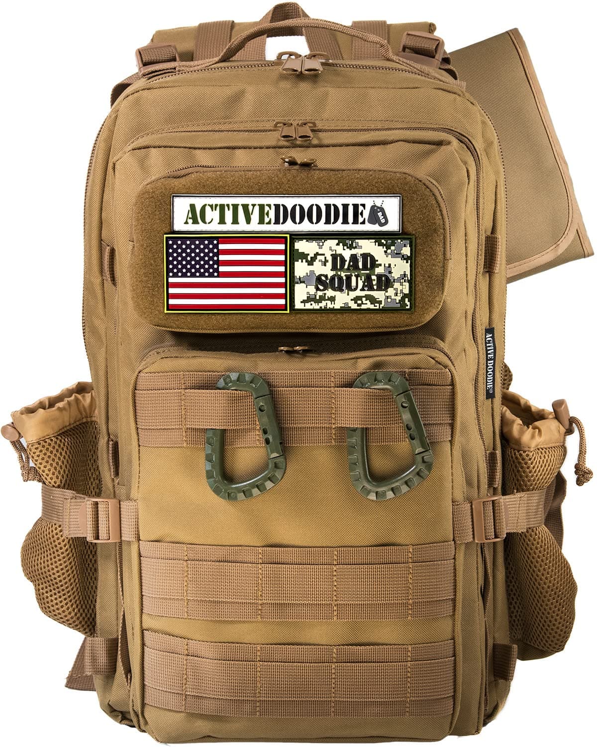 Dad Diaper Bag for Men with Removable Morale Patches, Waterproof Changing Pad, Insulated Pouches, Molle Webbing, YKK Zippers, Coyote Brown