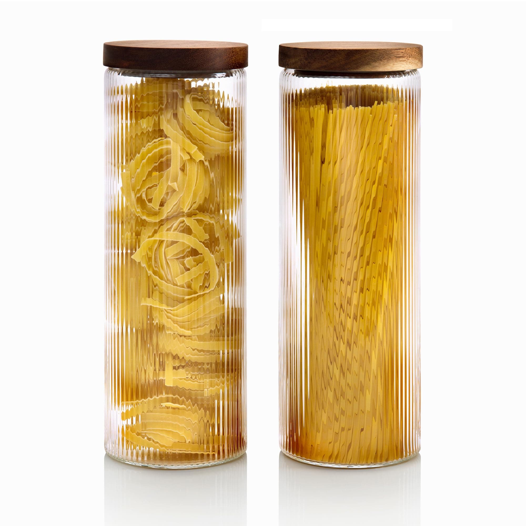 Mason & Fable Glass Storage Jars with Ribbed Pattern & Airtight Wood Lid- Glass Food Canisters for Spaghetti, Cereal, Pasta or Flour -Ideal for Kitchen, Pantry, Bar Organization- 1800ml Set of 2