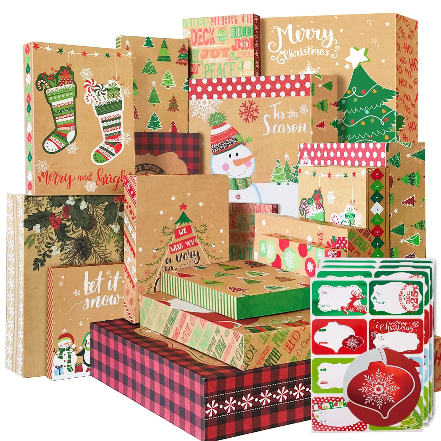 12 Kraft Christmas Gift Boxes with Lids for wrapping Large Clothes and 80 Foil Christmas Gift Stickers (Assorted size for wrapping Robes, Sweater, Coat, Shirts and Clothes xmas Holiday Present)
