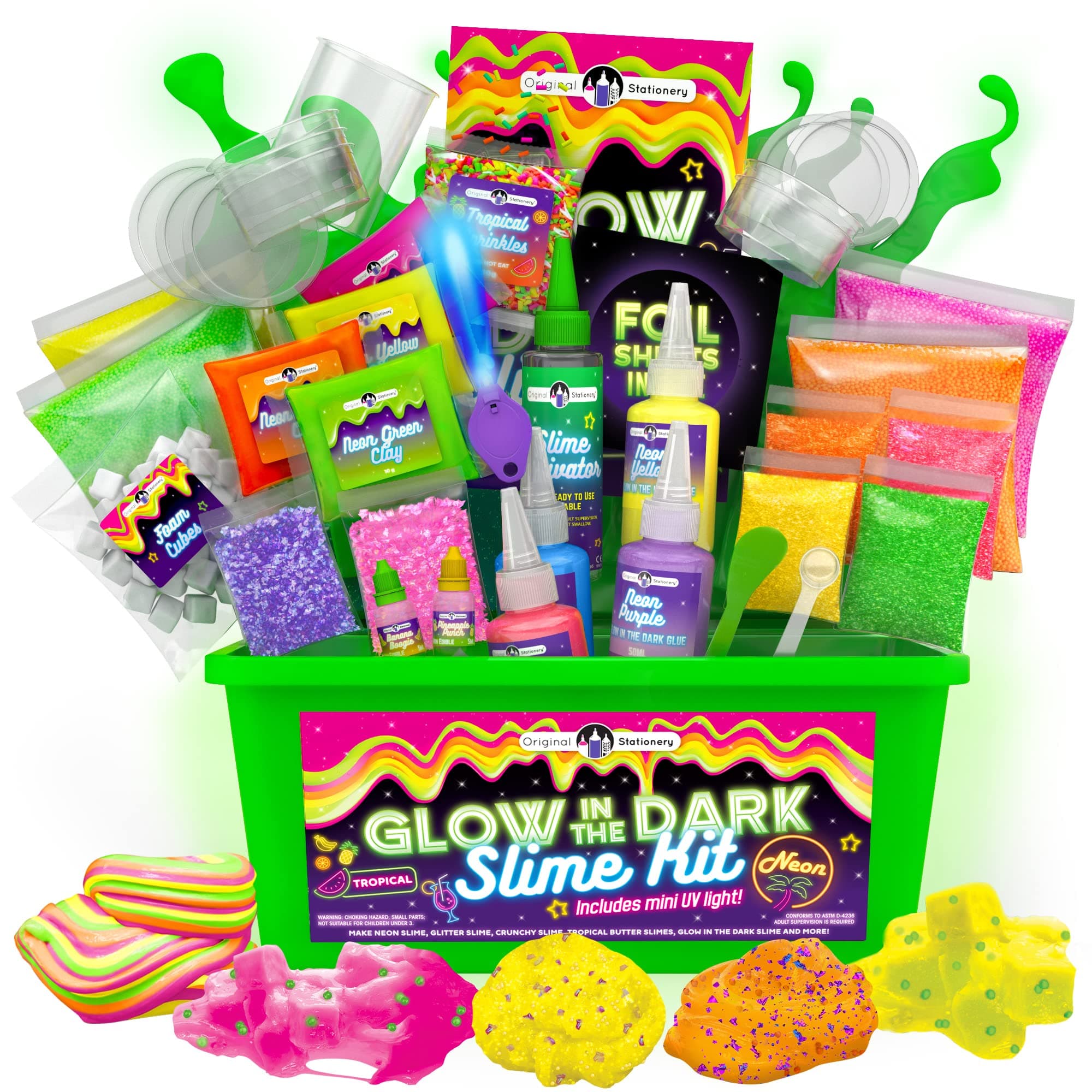Original Stationery Glow in The Dark Slime Kit - Multicolor, Ages 7 & Up - DIY Slime Making Kit with Glow Powder, Foam Beads & Glitter - Neon, Crunchy & Jelly Cube Textures for Kids