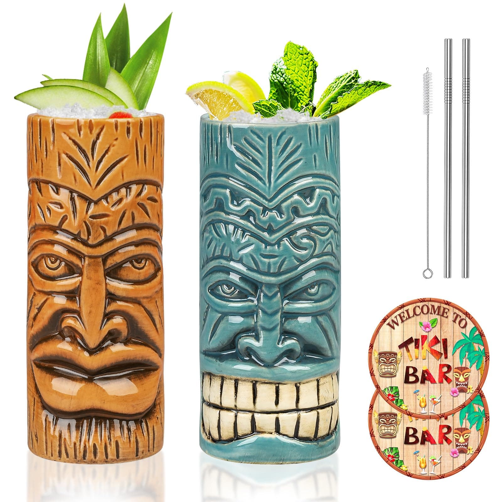 SuproBarware TIKI Mug Set - Set of 2 Ceramic TIKI Mug 15oz/440ml Tropical Style Cocktail Glass Set for Cocktail Lover (Orange&Blue)