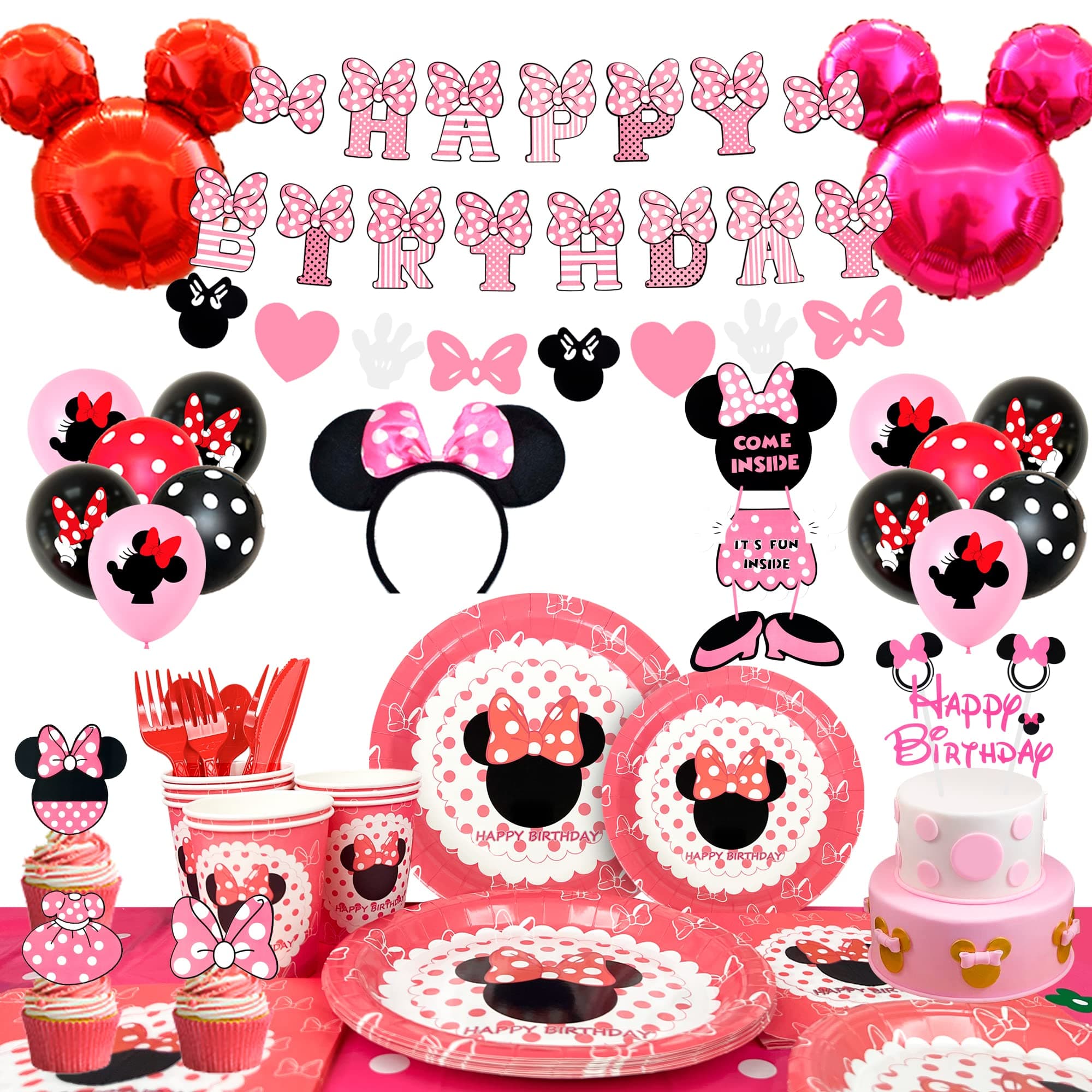 Grehge ay Party Supplies,131pcsMin-niee Mou-ses Party Decorations&Tableware Set - Min-niee Party Plates Tablecloth Banner Balloons Headband etc Min-niee Mou-ses Birthday Decorations for Girls