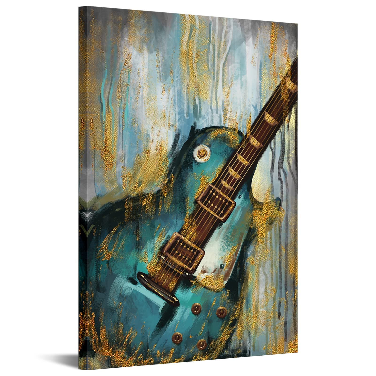 sechars Guitar Canvas Wall Art Jazz Music Painting on Canvas Modern Green and Gold Decor for Pub Bar Framed Ready to Hang 24x36inch