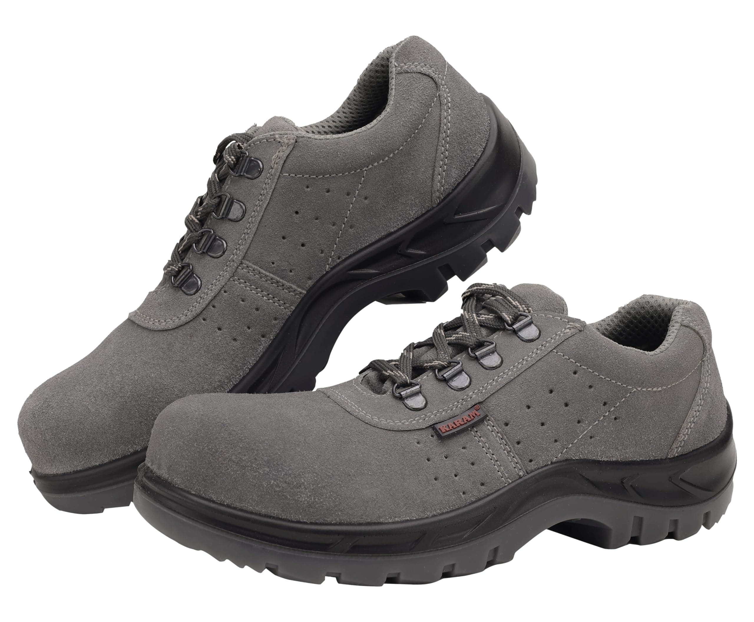 FS64 Suede Grey Leather Safety Shoes for Men | Double Density, Fiber Toe | Black PU Mid Sole,|Antistatic, Antislip, Oil & Heat Resistant | Grey