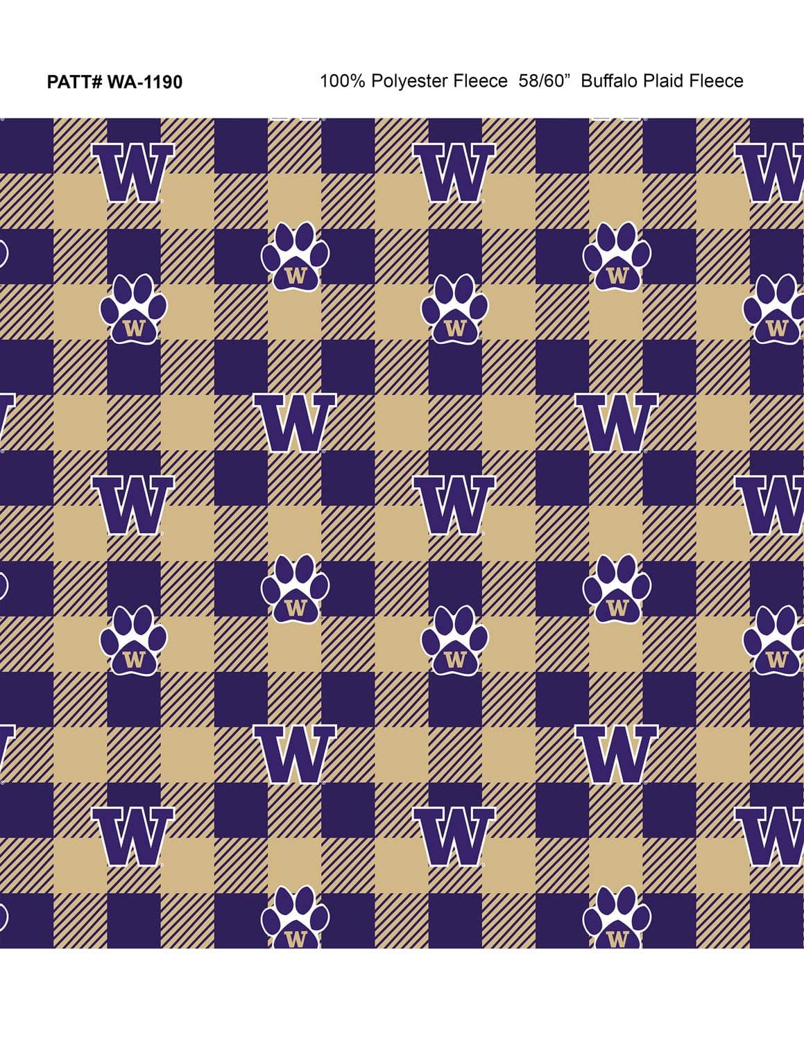 SYKEL ENTERPRISES University of Washington Fleece Blanket Fabric-Washington Huskies Fleece Fabric with Buffalo Plaid Design