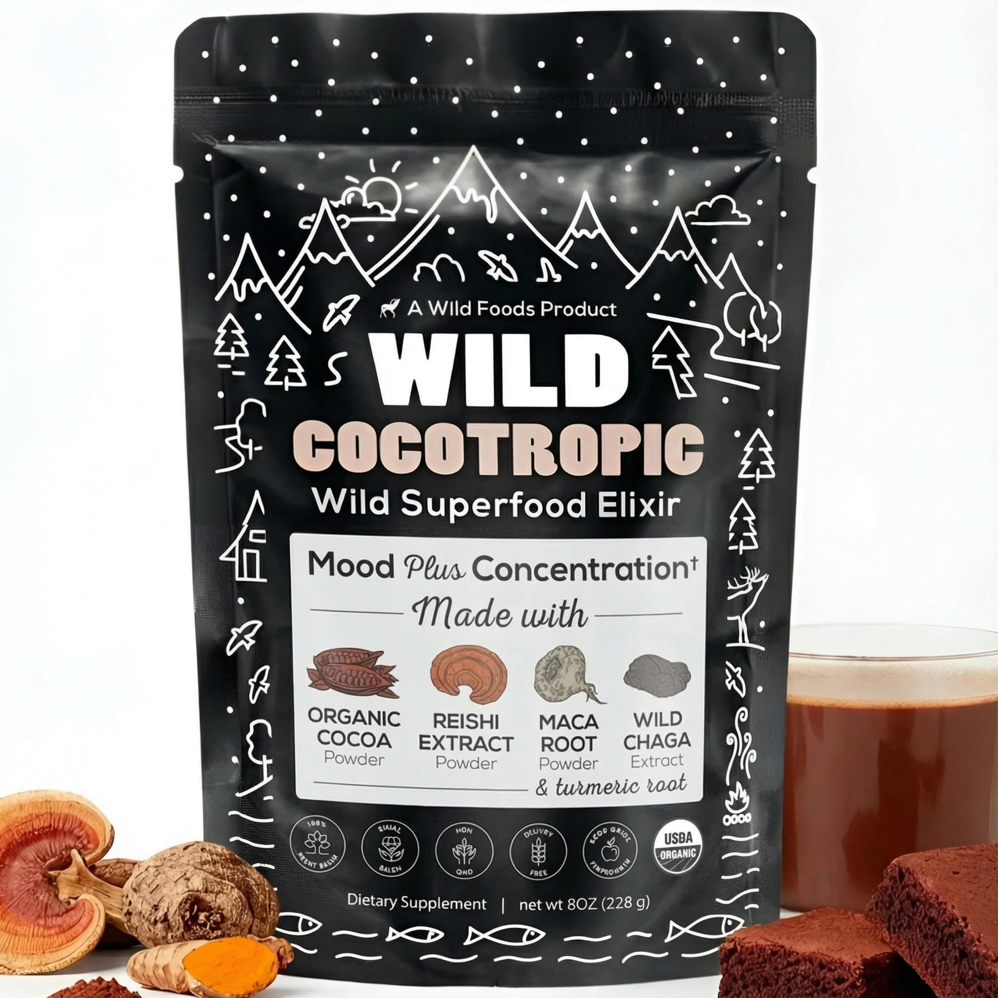 Cocotropic Nootropic Superfood Powder - Raw Cacao with Reishi Mushroom Powder, Chaga Extract, Raw Maca and Turmeric - Cognitive Enhancing Mushroom Coffee & Hot Cocoa Mix - 8 Ounce