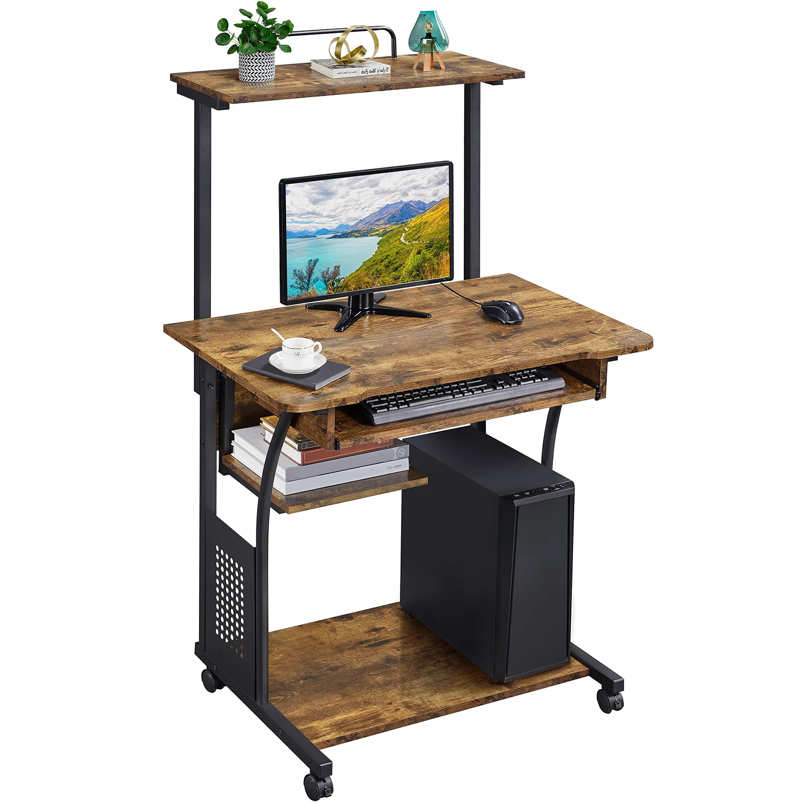 3 Tiers Rolling Computer Desk with Keyboard Tray and Printer Shelf for Home Office, Mobile Computer Desk for Small Space, Retro Computer Table Compact PC Laptop Workstation, Rustic Brown