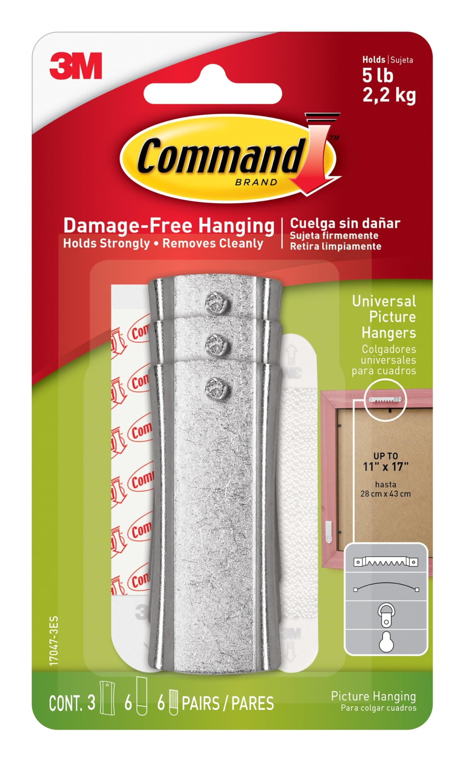 (3 Hangers) - Command Large Universal Picture Hangers w/Frame Stabiliser Strips, 3-Hangers, Hangs 2.3kg (17047-3ES)