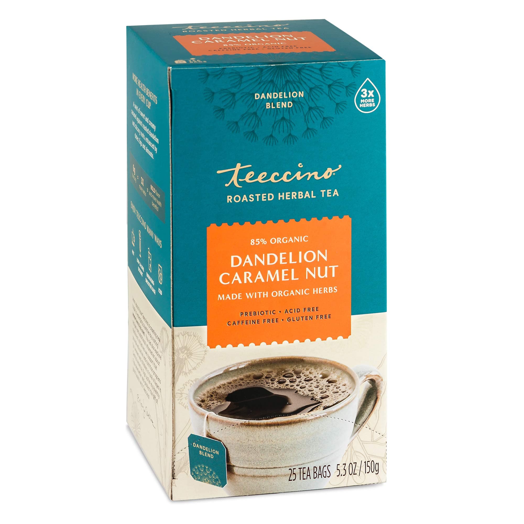 Teeccino Dandelion Caramel Nut Chicory Herbal Tea, Caffeine Free, Acid Free, Prebiotic Coffee Substitute, 25 Tea Bags