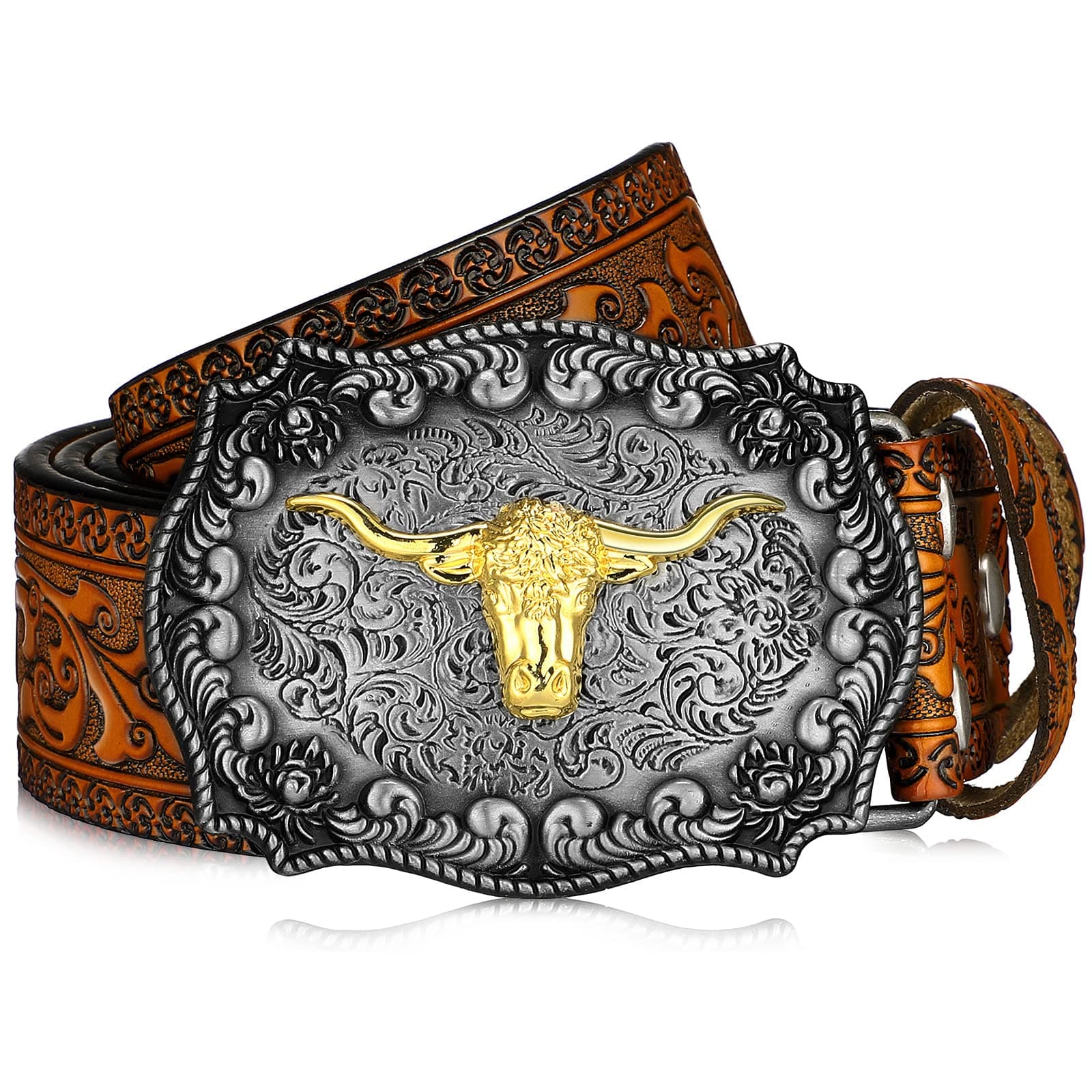 Jadive Western Leather Buckle Belts Longhorn Cow Pattern Buckle Belt Floral Engraved Buckle Belt for Men