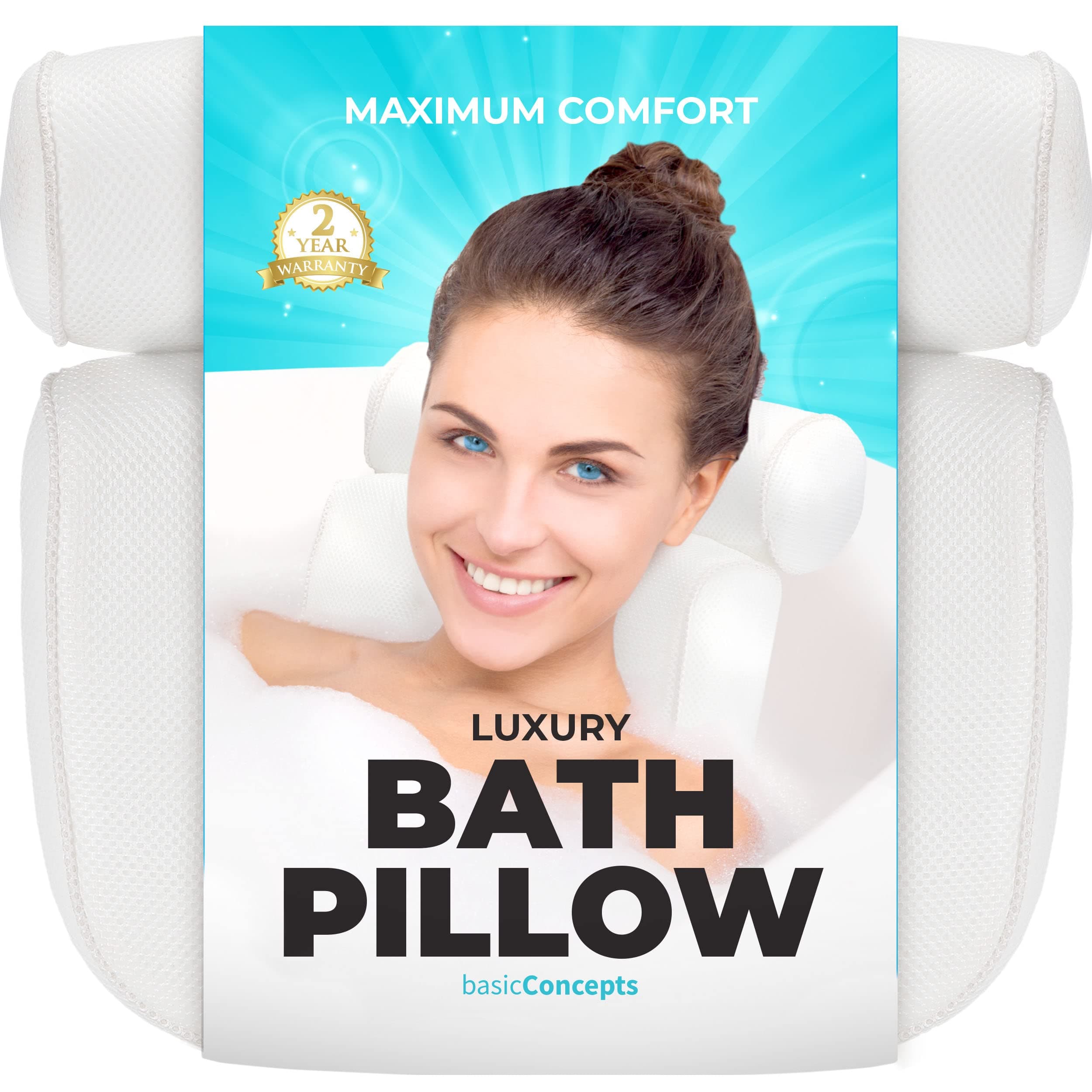 BASIC CONCEPTS Bathtub Pillow for Neck and Back Support with Drying Hook, bathtub pillow Machine Headrest for Soaking & Straight Back Tubs - Bath Accessories, machine washable, 6 suction cups