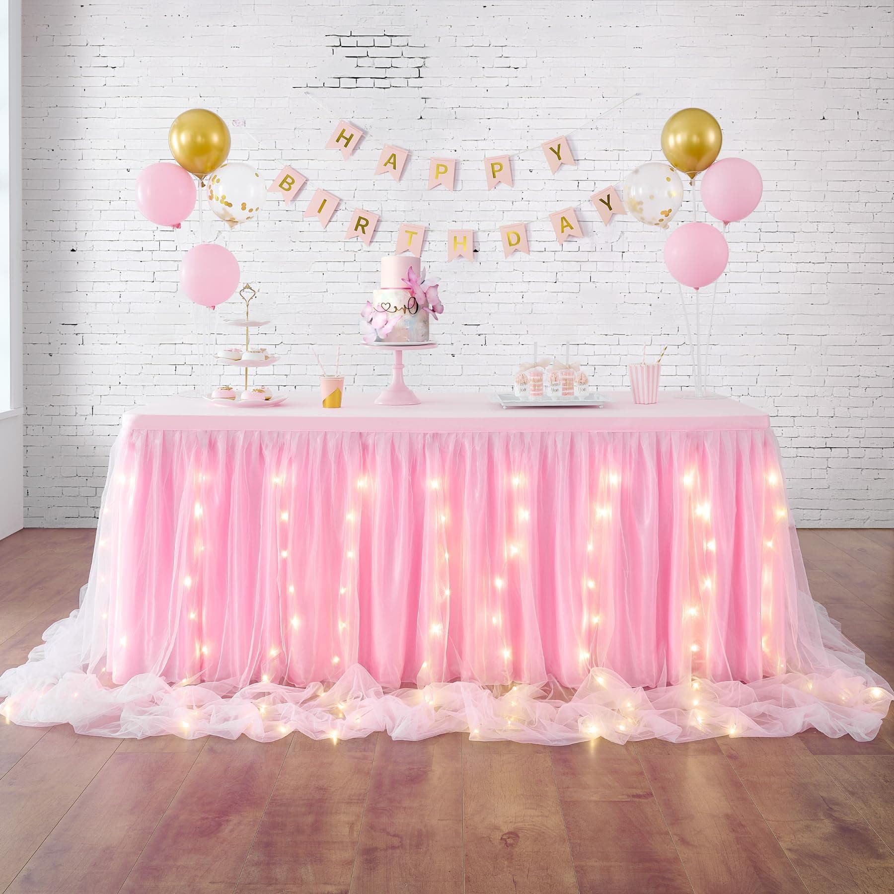 leegleri Pink Tulle Table Skirt for Baby Shower, 6FT Pink Ruffle Tutu Table Skirt with LED Light for Princess Girls Birthday Party Cake Dessert Table Decoration