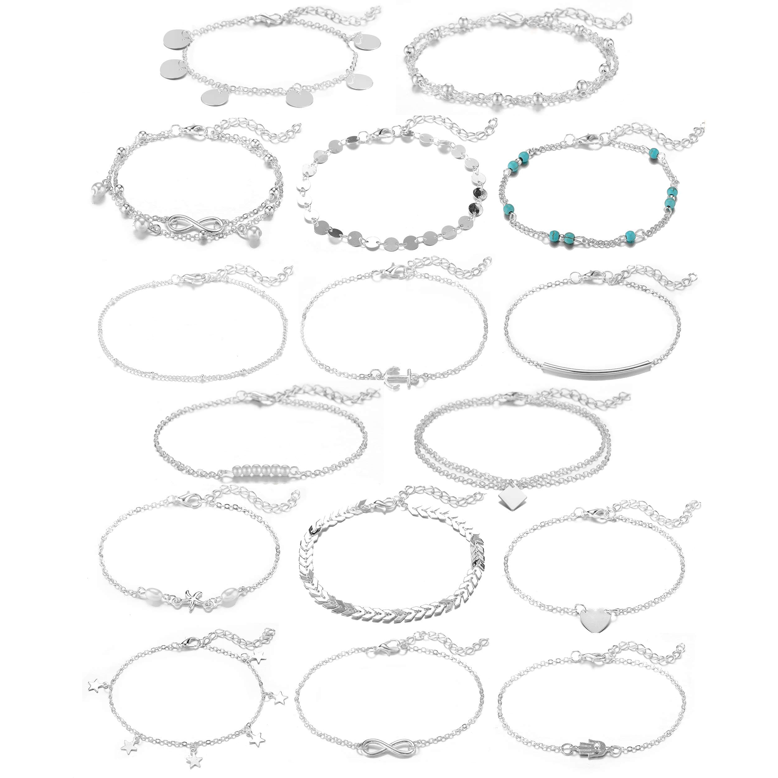 16Pcs Ankle Bracelets for Women Gold Silver Two Style Chain Beach Anklet Bracelet Jewelry Anklet Set,Adjustable Size