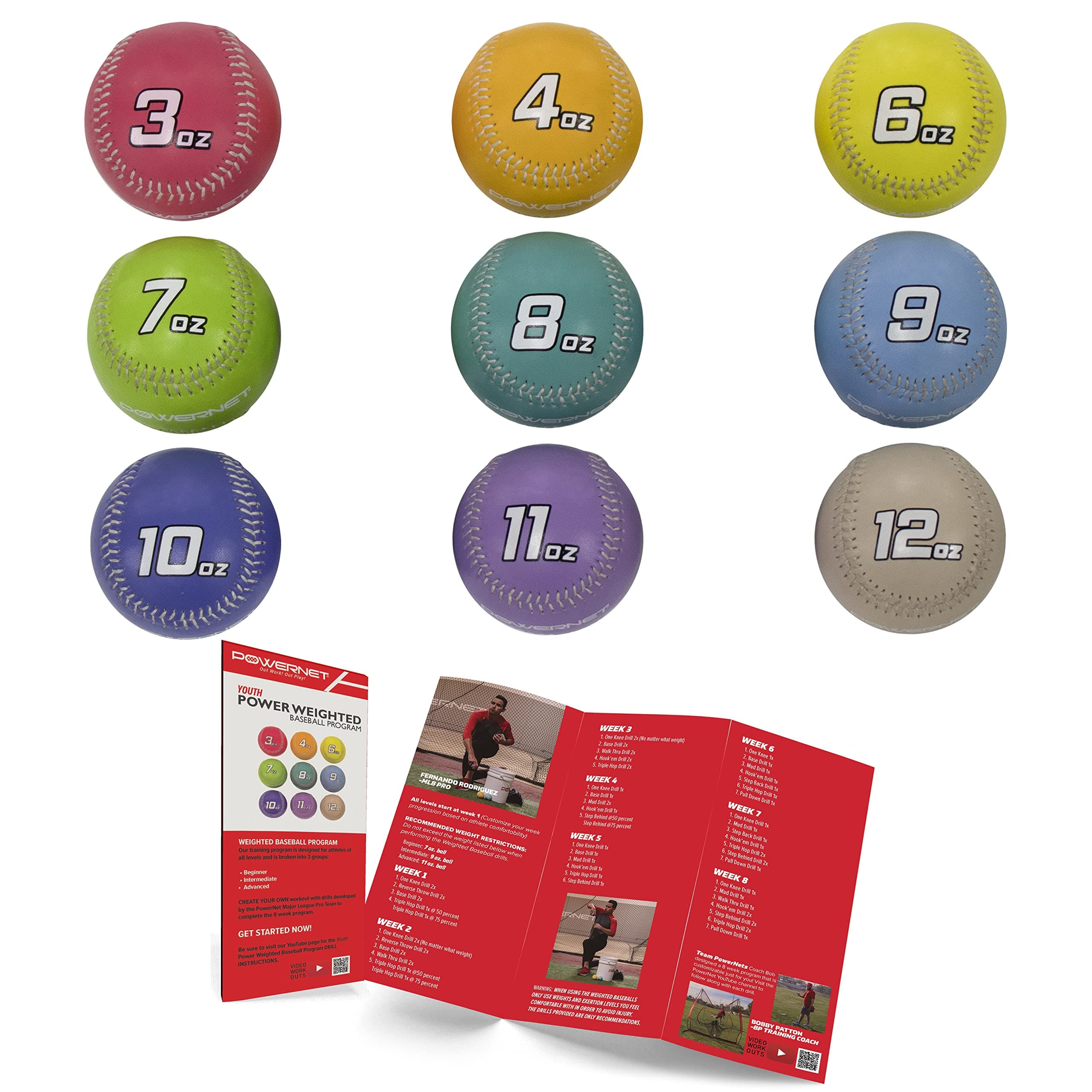 PowerNet Progressive Weighted Baseballs | 9 Pack Various Weights | Improve Your Arm | Use for Pitching and Throwing Practice | 3 oz to 12 oz Underload and Overload Training