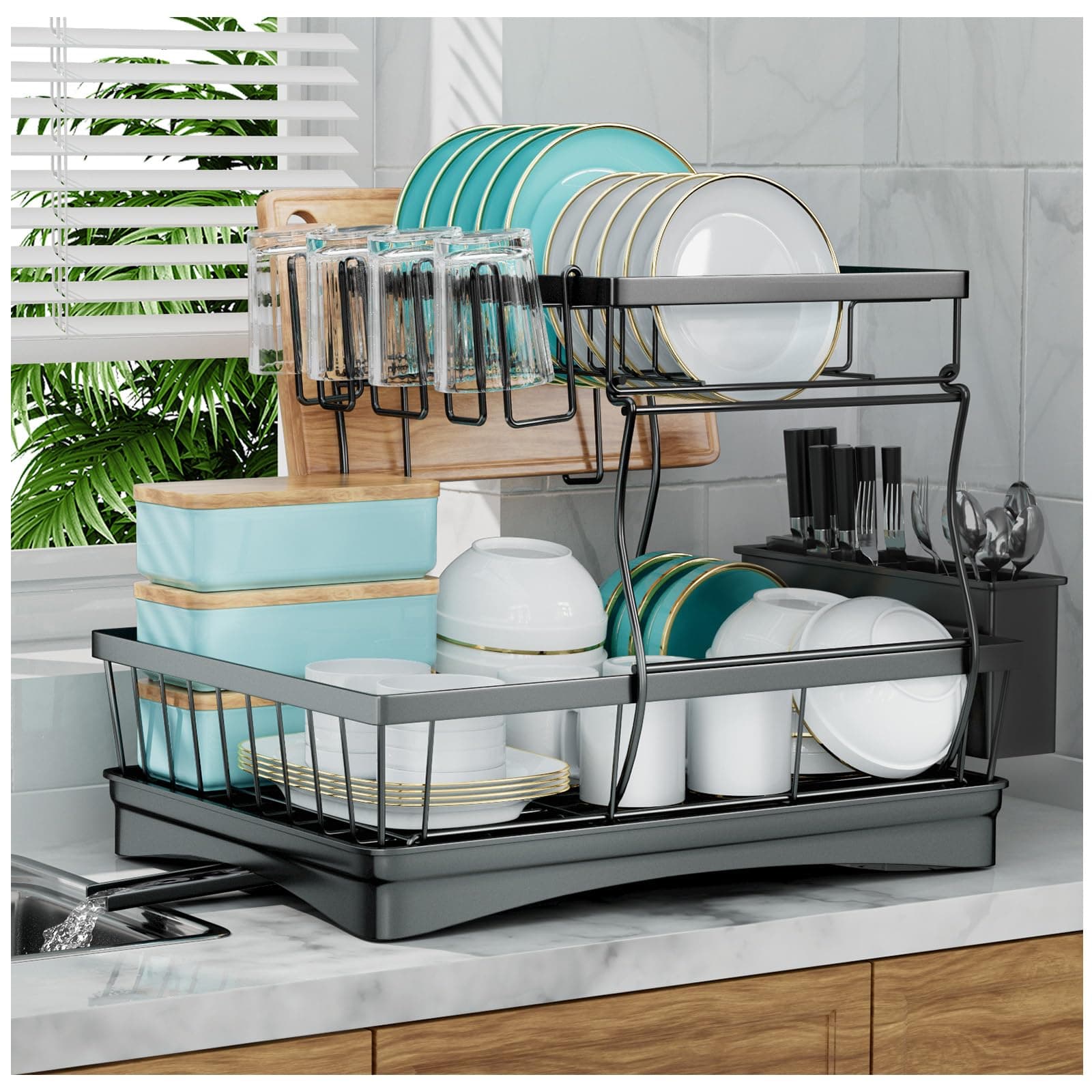 7 code Large Dish Drying Rack for Kitchen Counter, Detachable Large Capacity Dish Drainer Organizer, 2-Tier Dish Racks with Utensil Holder, Black