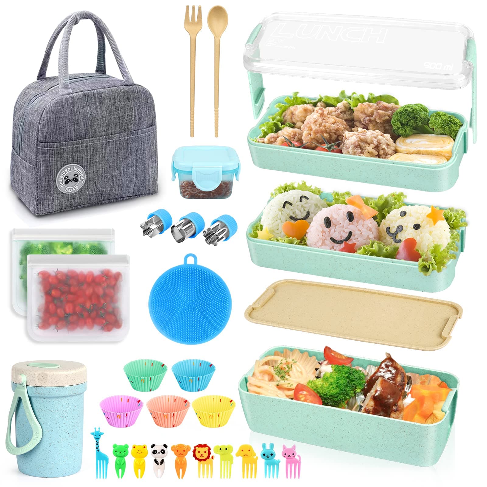 27 PCs Bento Box Lunch Box Kit, Stackable 3-in-1 Compartment Japanese Lunch Box Set w/Soup Cup Sauce Can, Spoon Fork, Cake Cups, Fruit Picks, Snack Bags, Leakproof Lunch Containers（Blue）