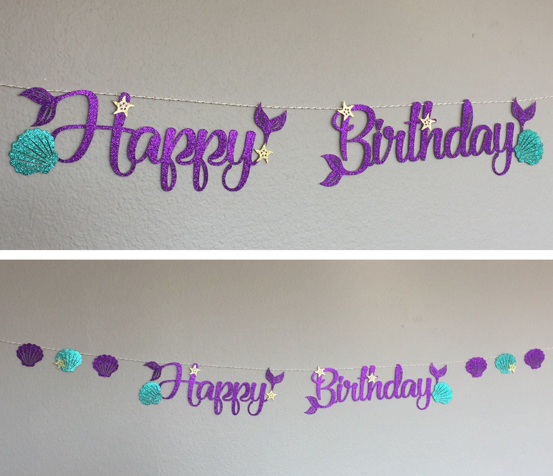 Happy Birthday banner, Little Mermaid Ariel, Mermaid Script Cursive Letters, Party Decor, starfish, Sea Shells