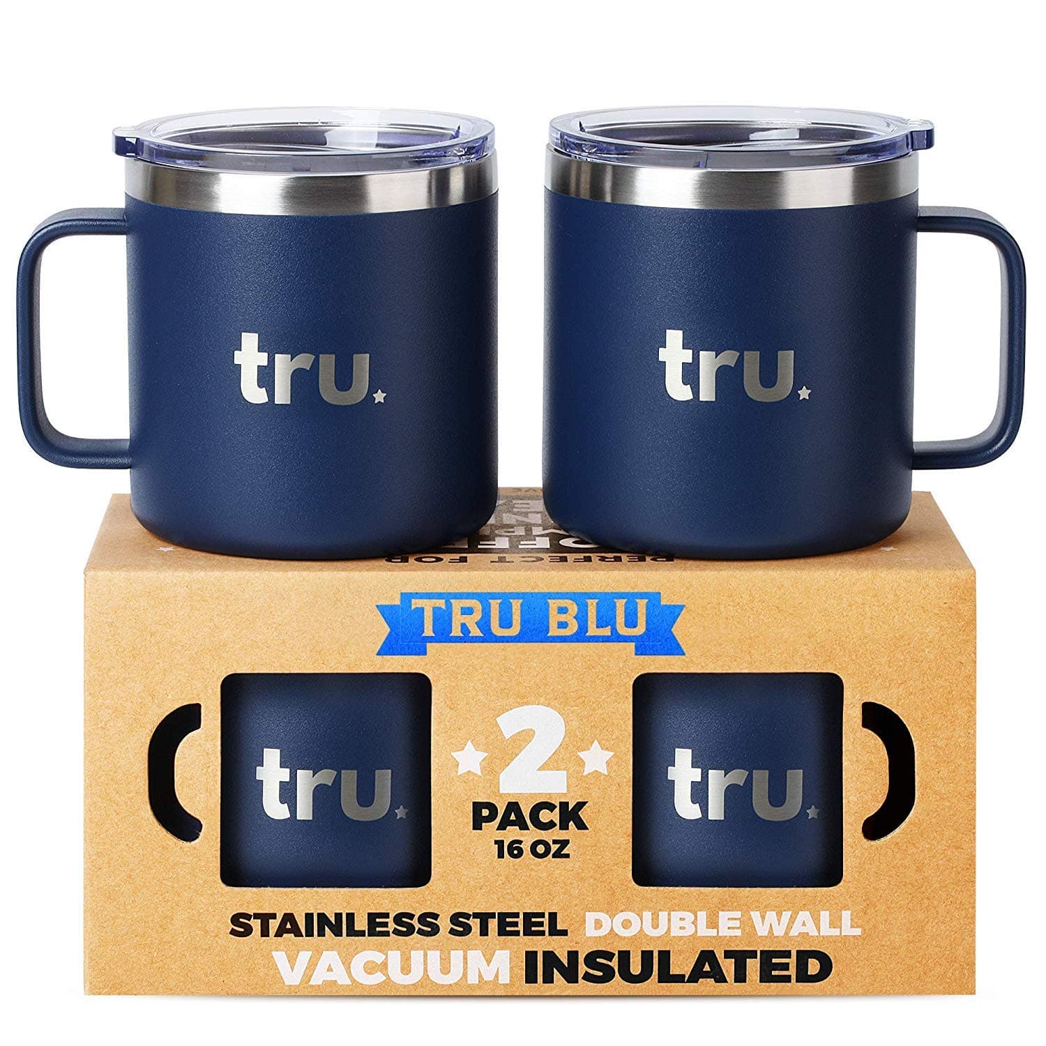 Large Camping Mugs with Lids 16oz, Set of 2 Vacuum Insulated Travel Cups, Stainless Steel Metal Mugs - Outdoor, RV, Hiking, Boating, Portable, BPA Free