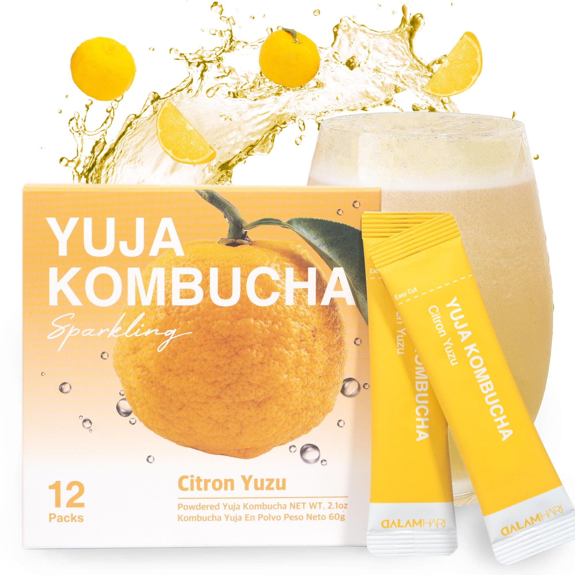 DALAMHARIYuzu SUPER Kombucha Powder Tea | 15kcal Scoby Fizz Sticks Urban Remedy Hydrant Powder Packets Switch Drink Health Ade Synergy Kombucha Kambutcha, 12 Counts