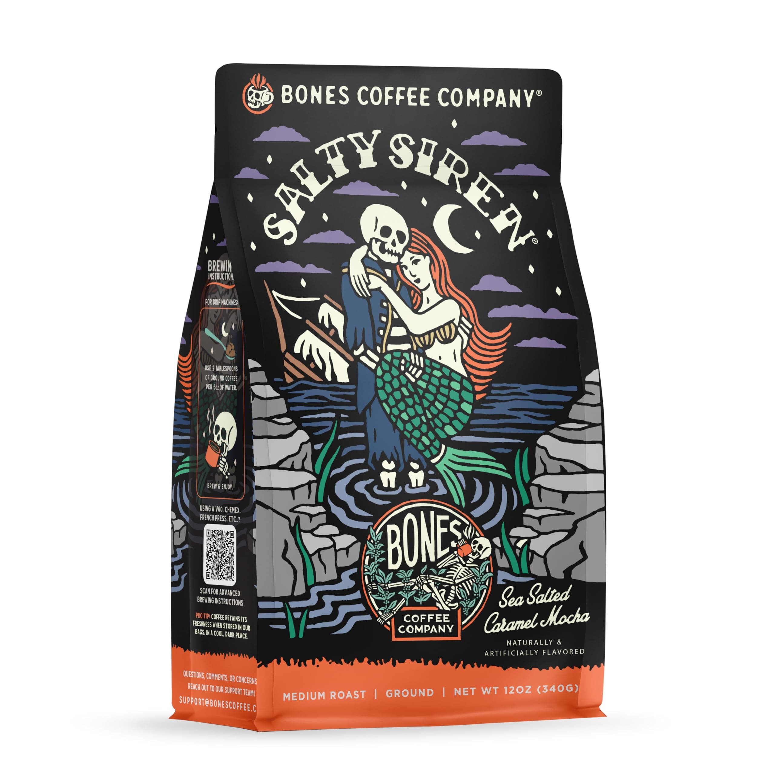 Salty Siren, Sea Salted Caramel Chocolate Flavored Coffee, Medium Roast Low Acid Arabica Beans Compatible with Auto drip and French Press Coffee Maker, 12 Oz Ground