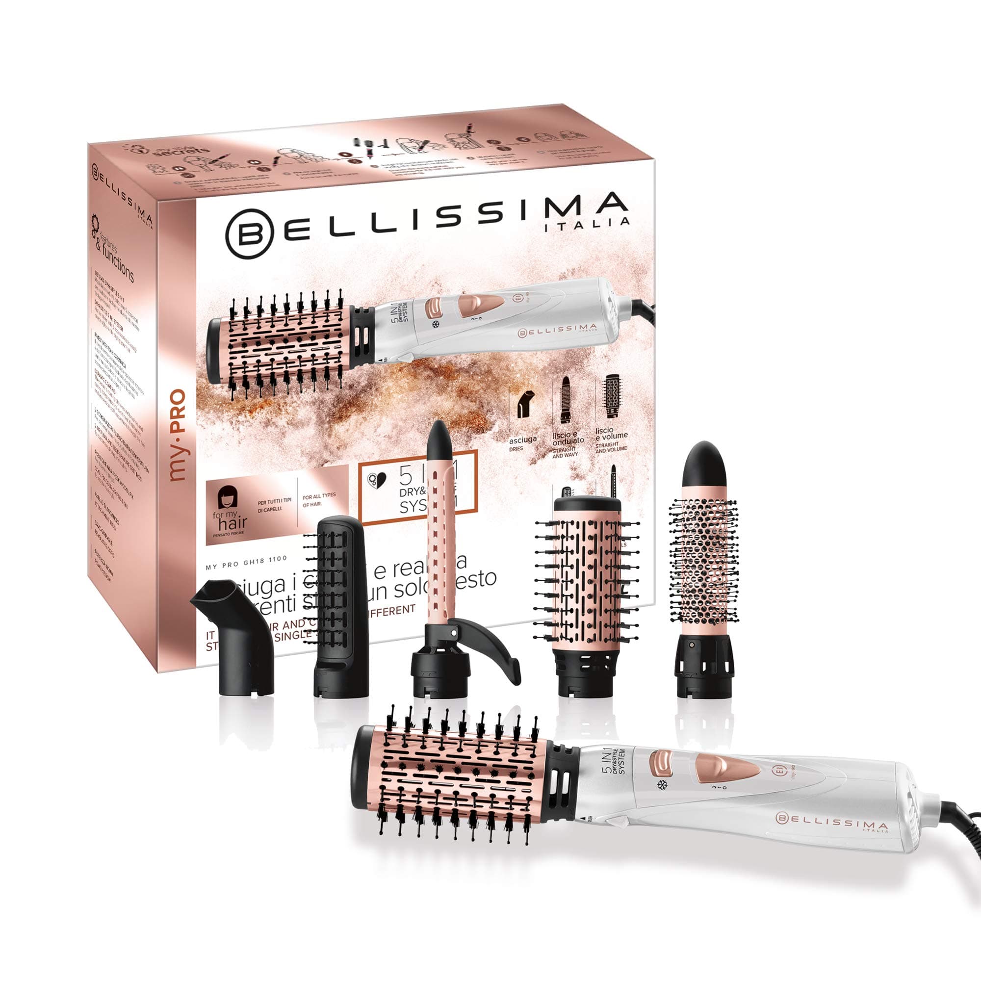 Bellissima My Pro GH18 1100 Hot Air Modelling Stick with Ceramic Coated Brushes, 5 Accessories for Creating Smooth and Shiny Hair, Soft Waves and Curls, 1000 W