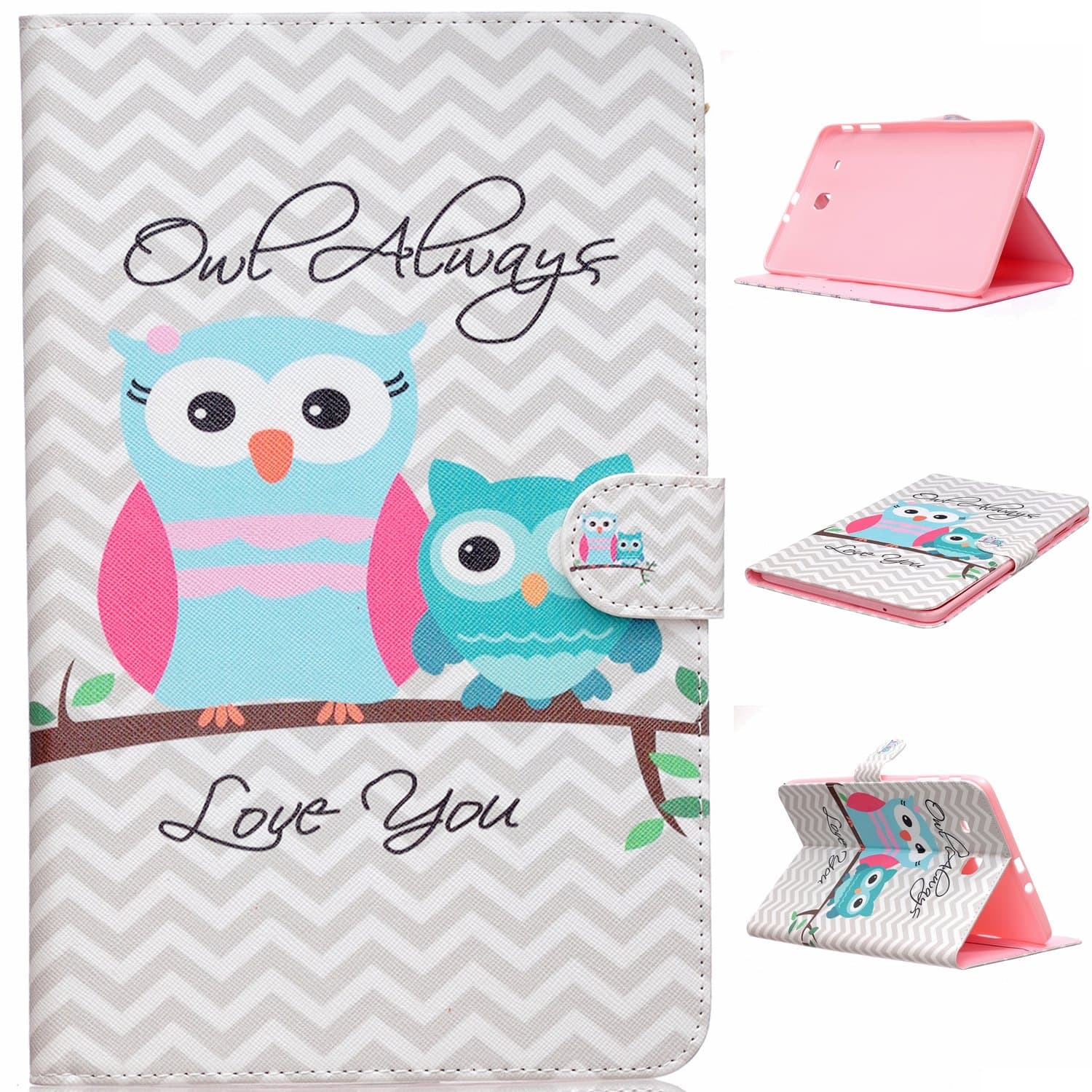 Dooki, Samsung Galaxy Tab E 9.6" Tablet Case - Credit Card Holder Slot Flip PU Leather Stand Wallet Case Cover For Samsung Tab E SM-T560 / T565 9.6 Inch Tablet (Tree Owls, A12)