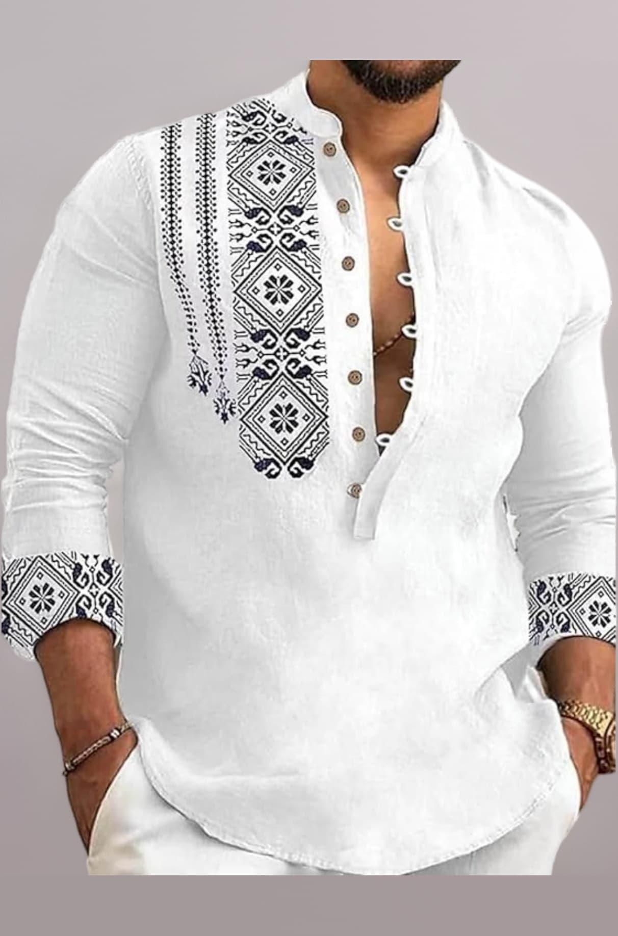 - Men's Cotton Blend Mandarin Collar Self One Design Full Sleeve Casual Short Kurta