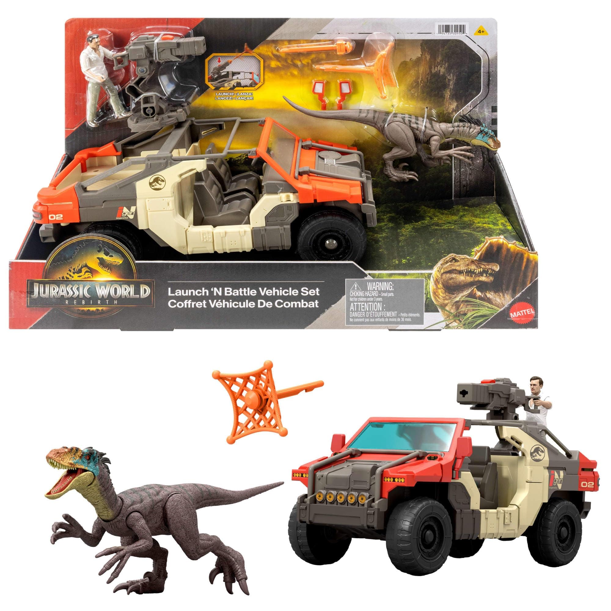 ​Mattel Jurassic World Rebirth Vehicle with 1 Human & 1 Dinosaur Figure, Launch ‘N Battle Truck, Martin Krebs Figure & Raptor, Turret & 2 Projectiles, JGB59