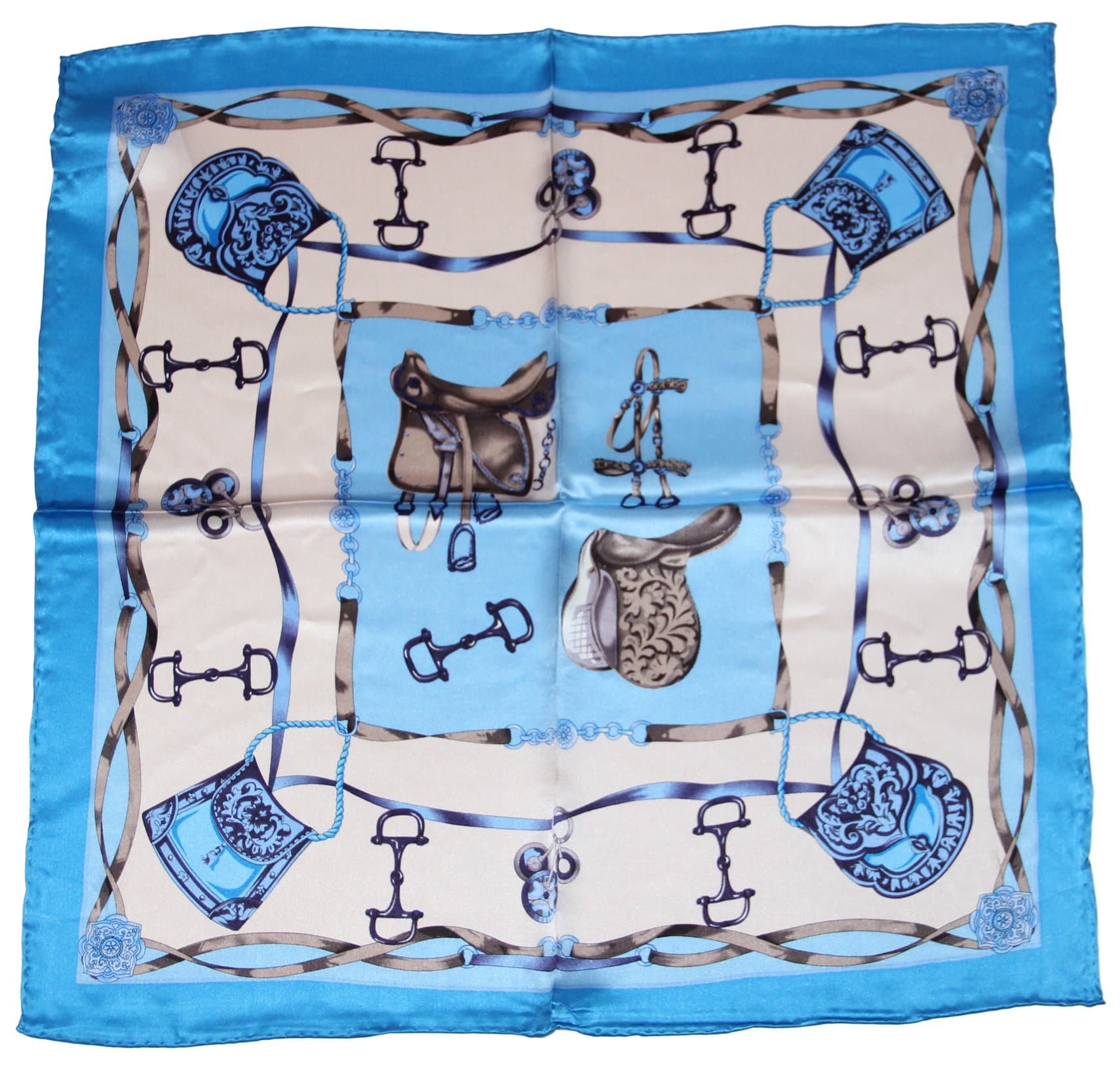 100% Silk Scarf Shawl, Small Square, 20 Inch X 20 Inch (Blue Saddle)