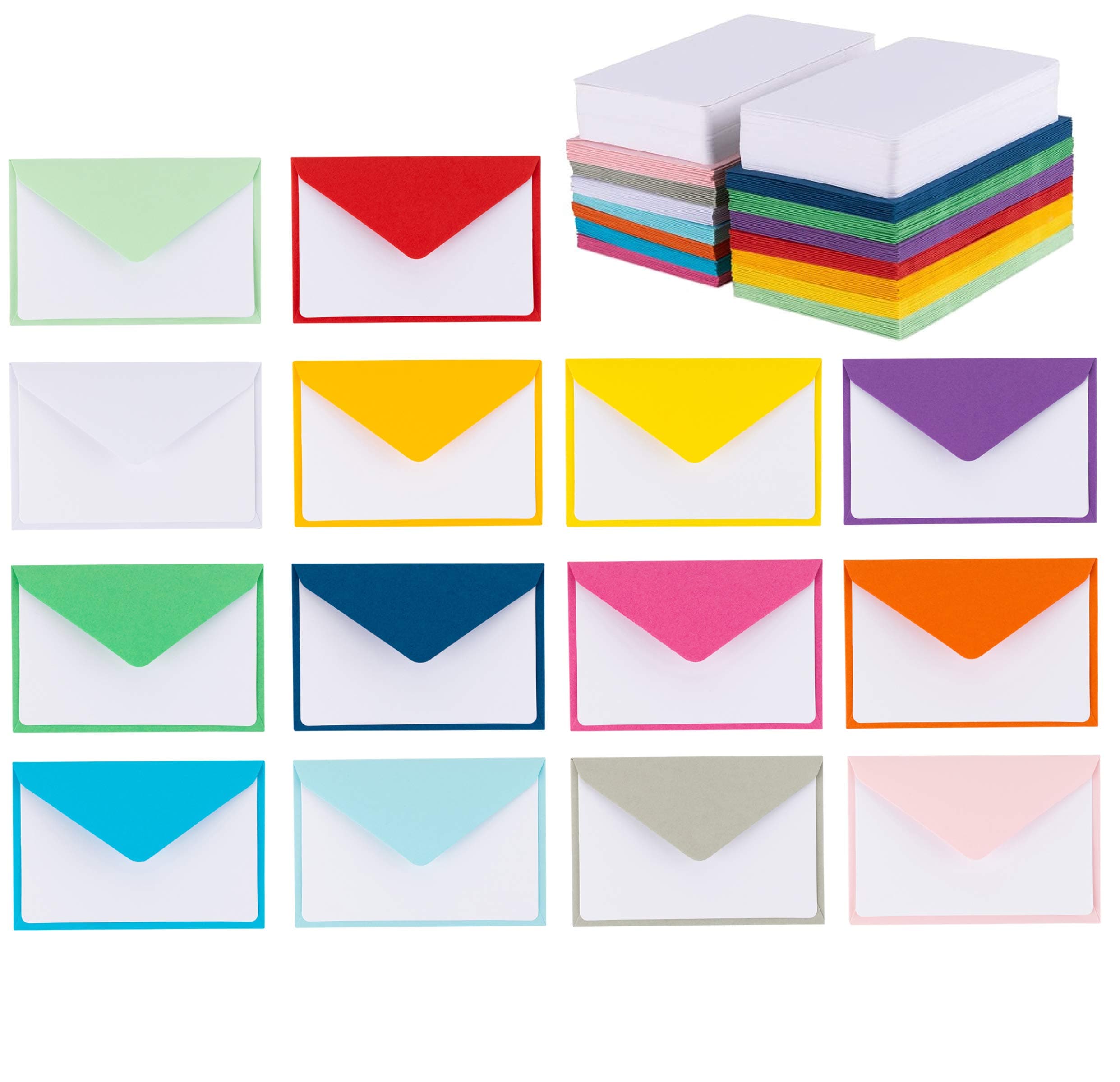 Purple Q Crafts 140 Mini Envelopes With White Blank Note Cards, 14 Assorted Colors 4"x 2.7" for Business and Gift Cards