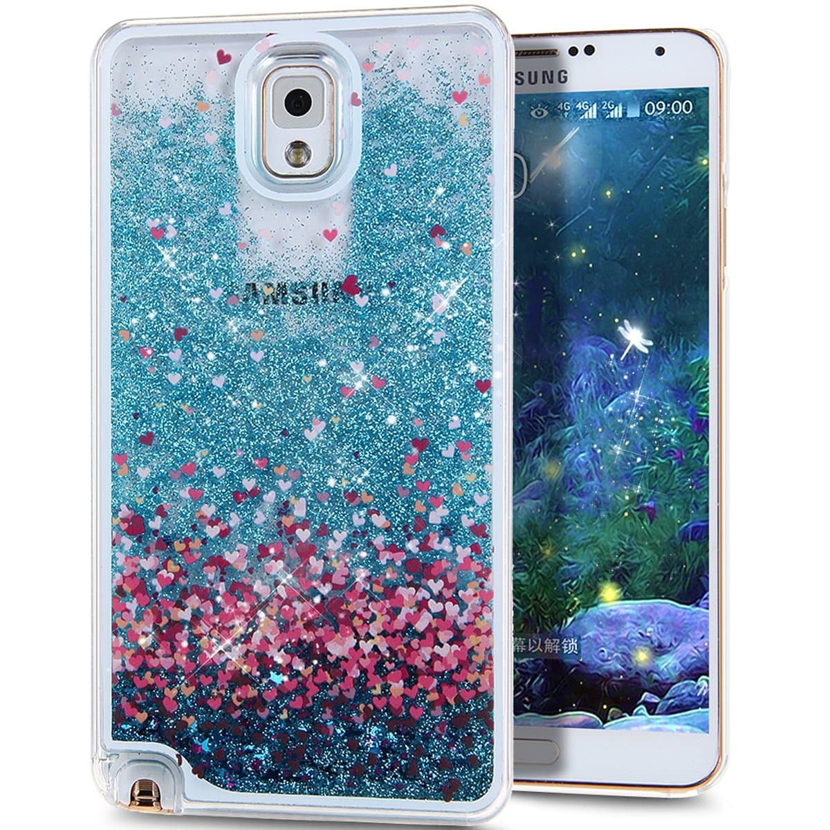 Galaxy Note 3 Case, NSSTAR Galaxy Note 3 [Liquid Bling] Case, Creative Design [Flowing Liquid] Floating Luxury Bling Glitter Sparkle Stars Hard Case for Samsung Galaxy Note 3,Blue Love Heart