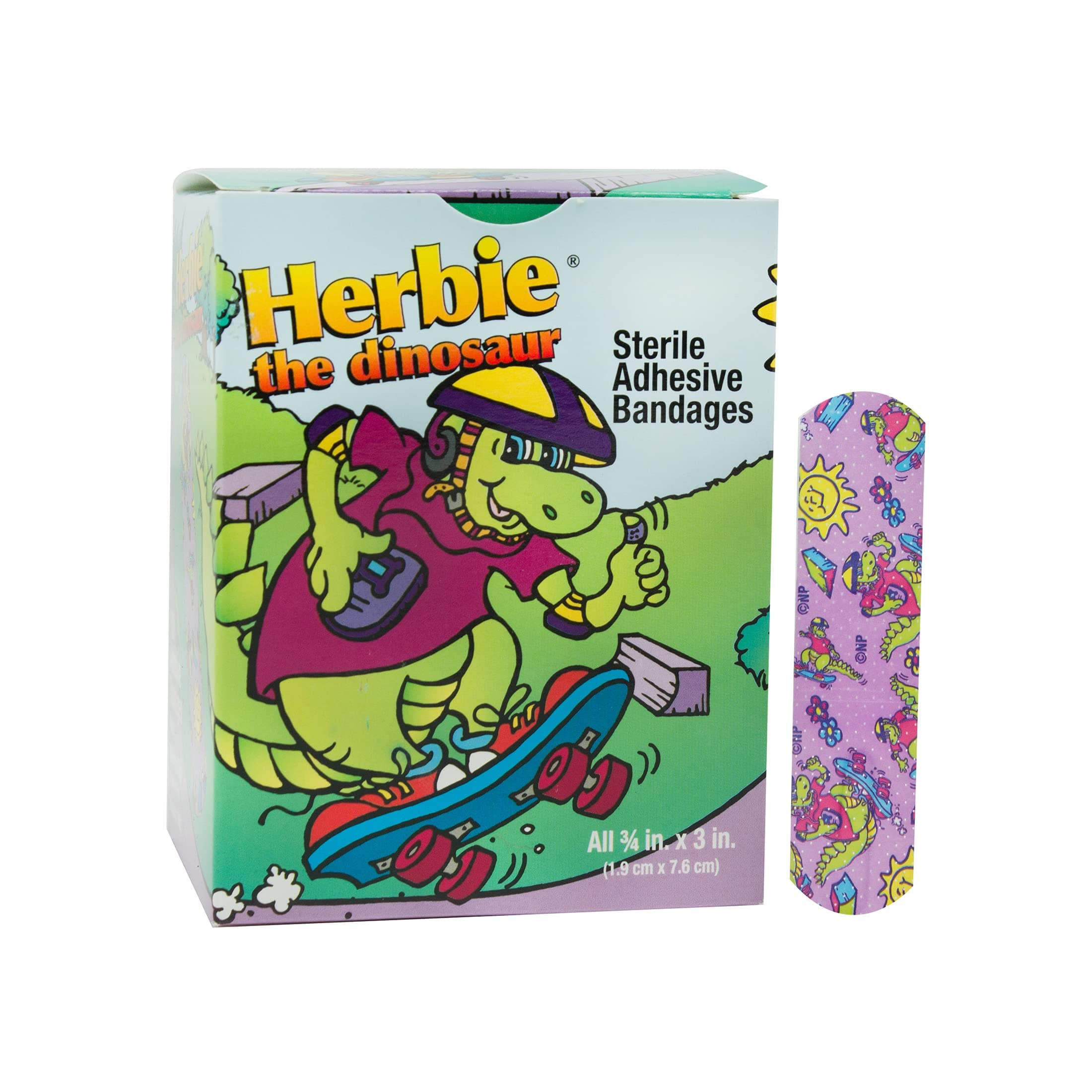 15601 Designer Adhesive Bandages, Sterile, Herbie The Dinosaur, 3 per 4" Width, 3" Length, Pack of 1200