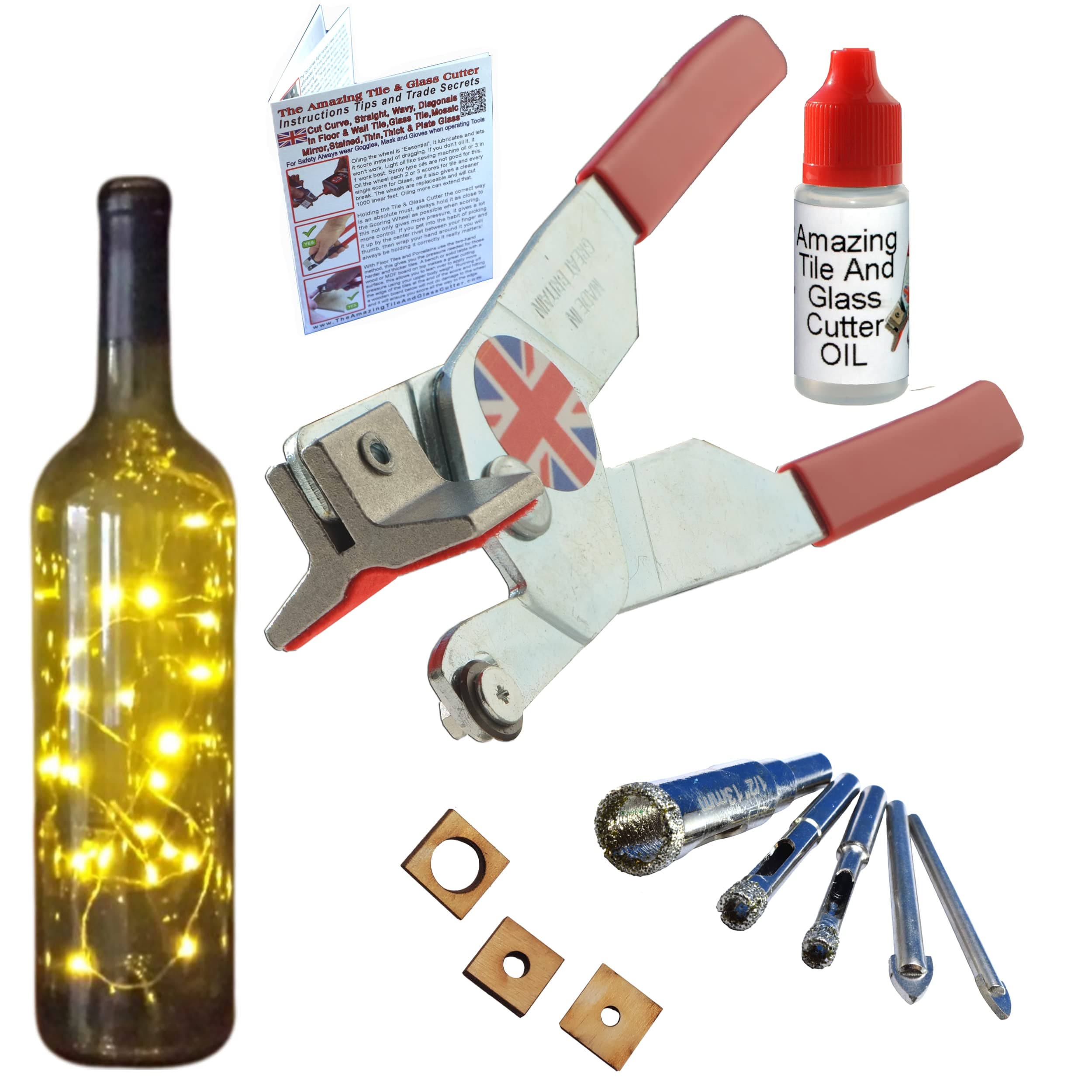 Glass Cutting Kit, Cutter with Glass Drill Bits for Drilling Holes in Bottles, Blocks and Quarter Plate. Professional 2-in-1 Cutter Tool Scorer and Breaker, Step-by-Step Instructions & Online Videos