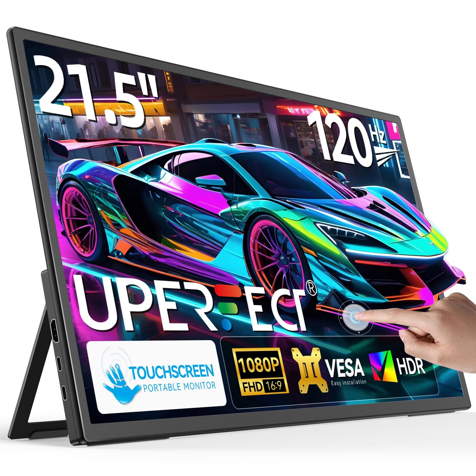 UPERFECT Portable Monitor with 21.5" 120Hz Touch Screen with Mount and VESA, Large Portable Gaming Monitor with HDMI Type C, External Display for Laptops, Steamdeck