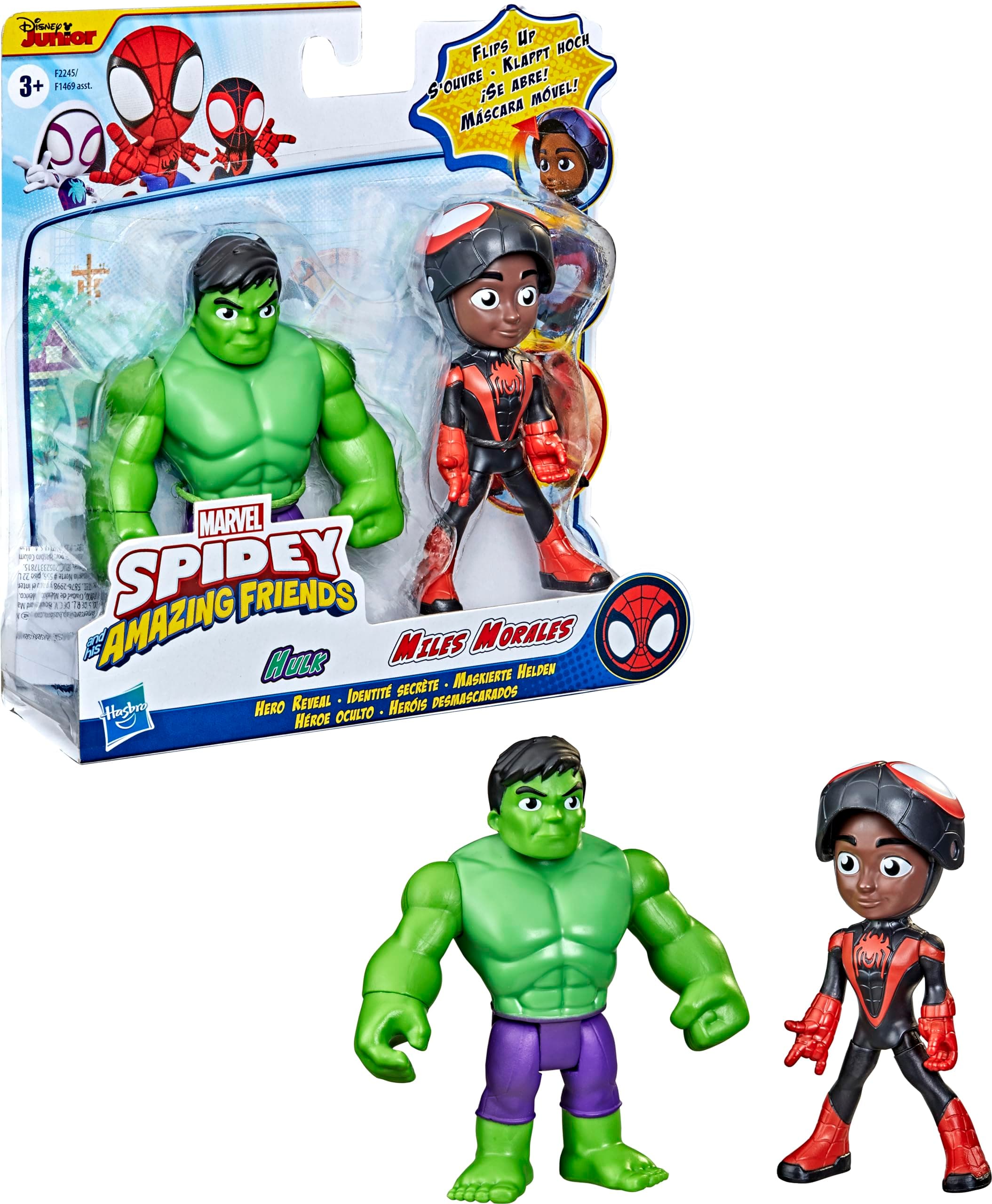 Hasbro Spidey and His Amazing Friends Marvel Hero Reveal 2-Pack,-Action Figures,-Mask Flip Feature, Miles Morales: Spider-Man and Hulk, 3 and Up