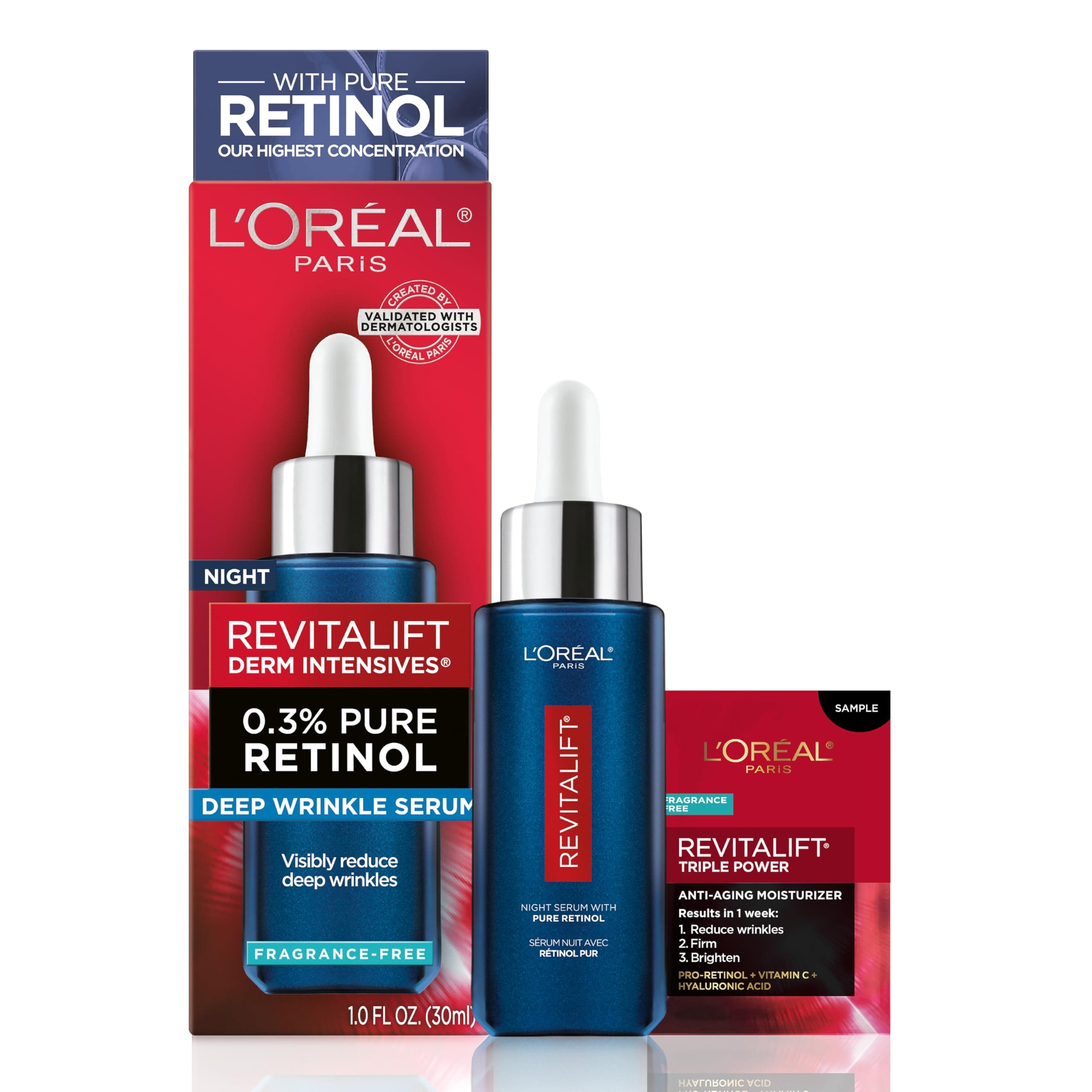 Revitalift 0.3% Pure Retinol Night Serum, Reduce Deep Wrinkles, Fragrance Free 1 oz + Moisturizer Sample