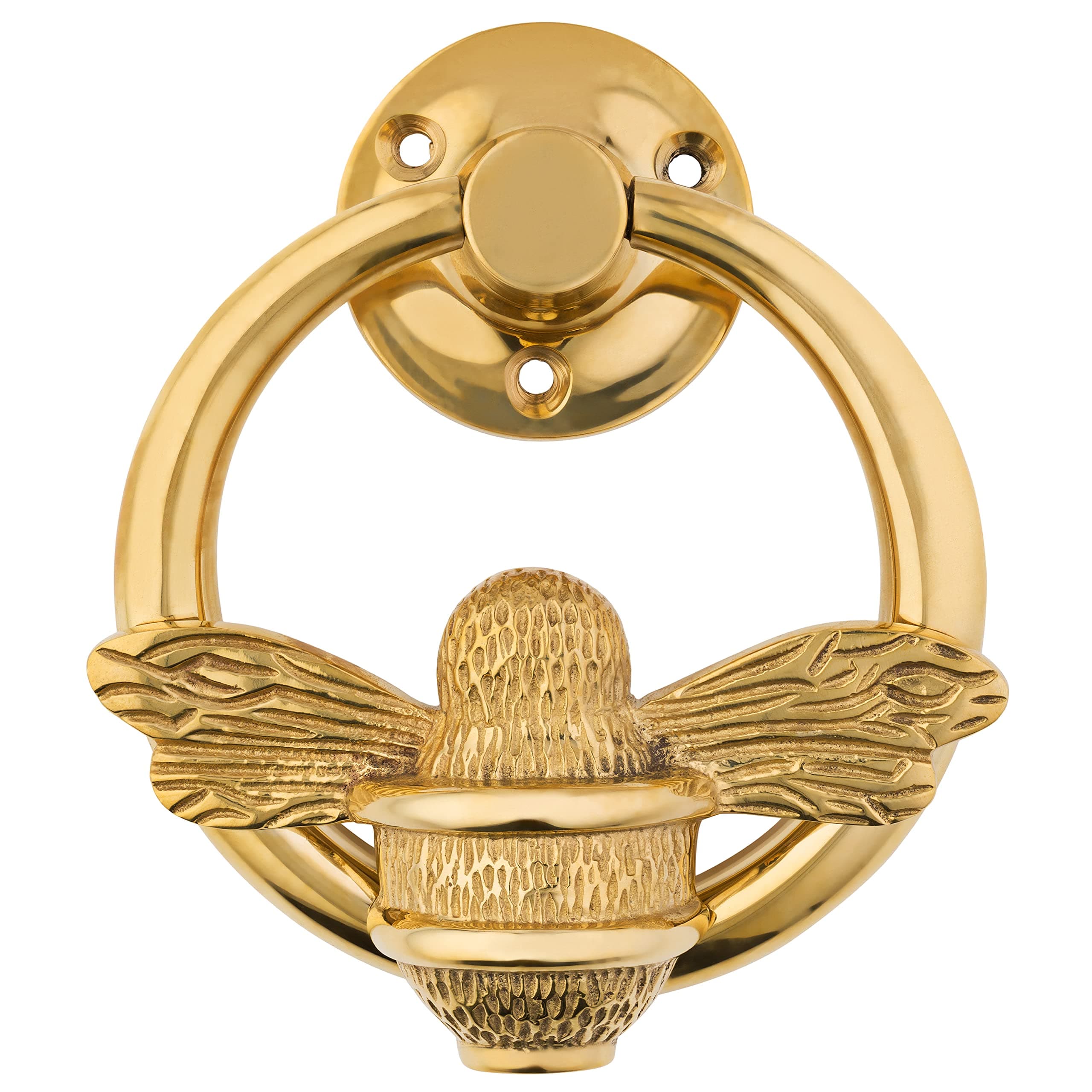 Gold Bee Door Knocker for Front Door | Polished Solid Brass Bee Ring | Gold Brass Knockers with Strike Plate | UPVC | Bumblebee Front Door Furniture with a Unique Design (Brass Ring Bee Door Knocker)