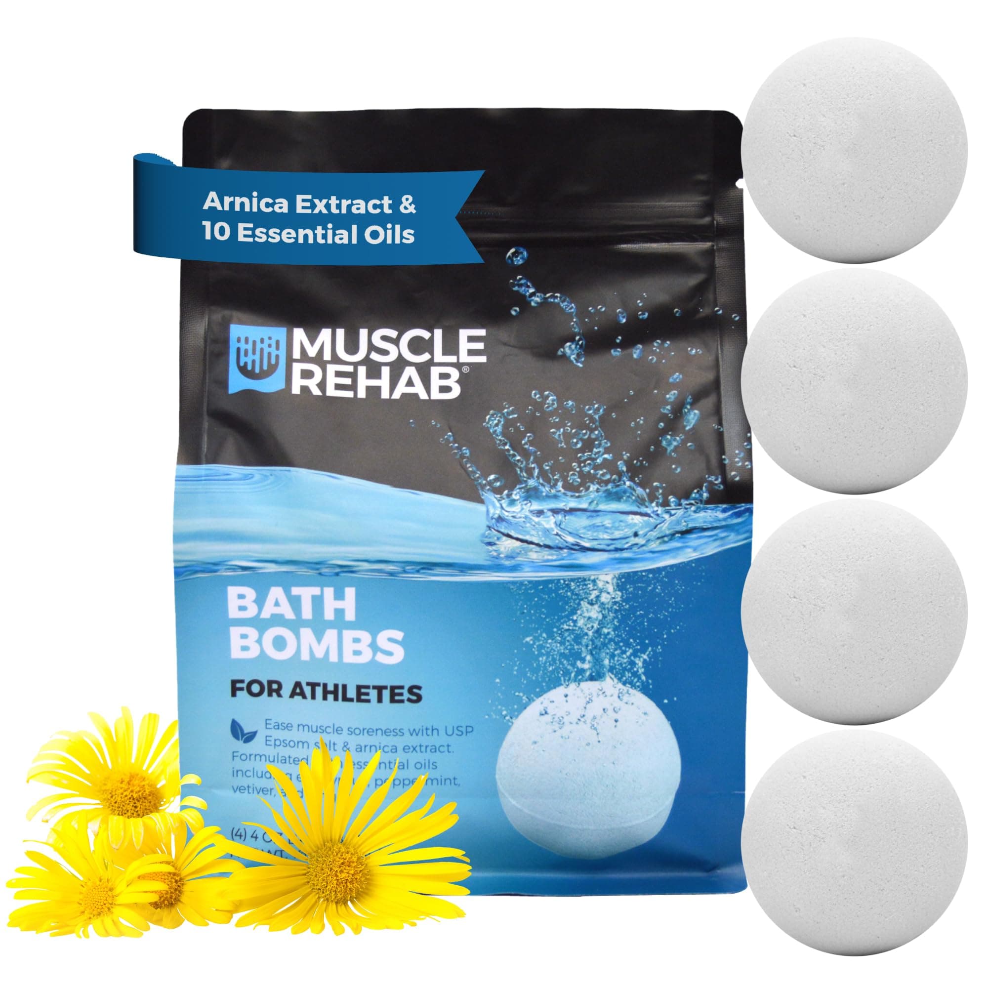 Epsom Salt Bath Bombs with Arnica (4 Pack) | Magnesium Recovery Soak for Sore Muscles, Post-Workout Relief & Relaxation | Eucalyptus, Turmeric & Clary Sage Essential Oils