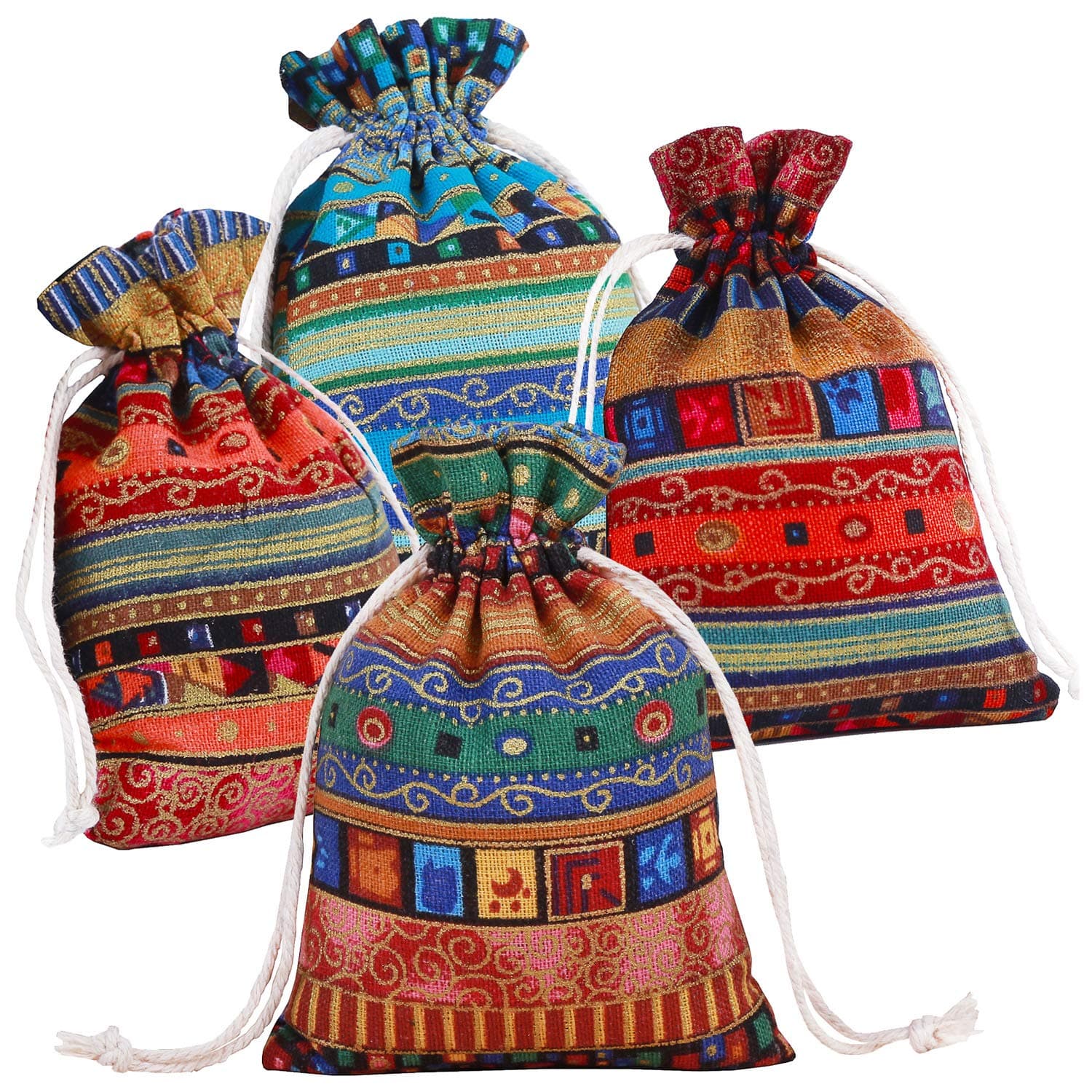 PINOWU Ethnic Style Drawstring Gift Bag 5x7 Cotton Reusable Pouches (12pcs) Jewelry Coin Storage Pouch Eco-Friendly Sachet Bags for Candy Wedding Party Valentine Favors