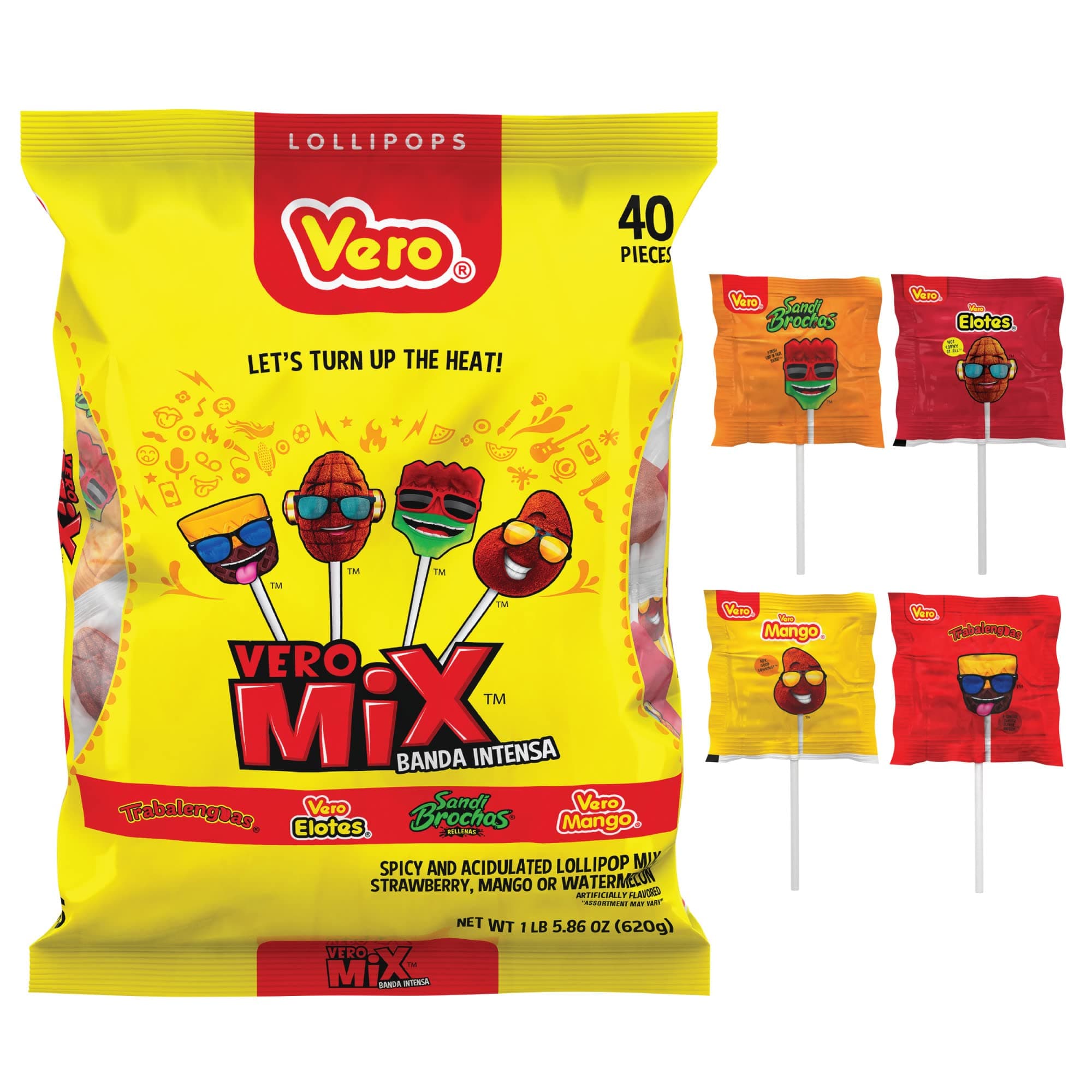 Vero Band Fuego Mix Assorted Chili Lollipops, Artificially Flavored, Net Weight 21.86 Ounces, Bag of 40 Units